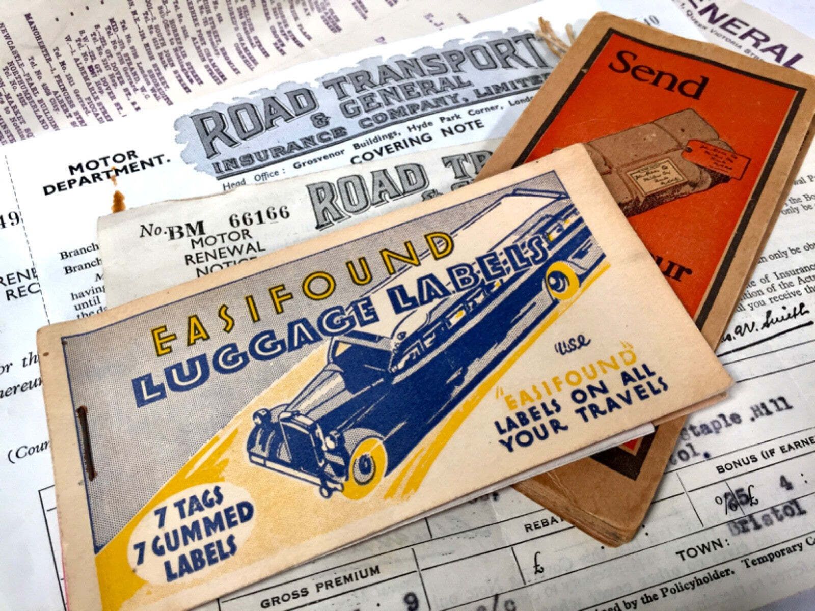 189.0 Antique Advertising Wooden Leaflet Holder Road Transport & General Insurance photo