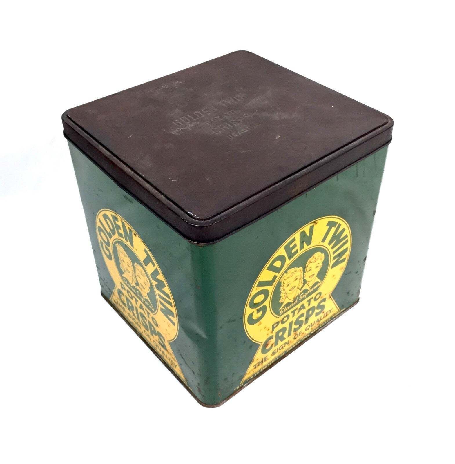Antique Advertising Rare Shop Display Golden Twin Potato Crisps Tin C.1930 photo furniture