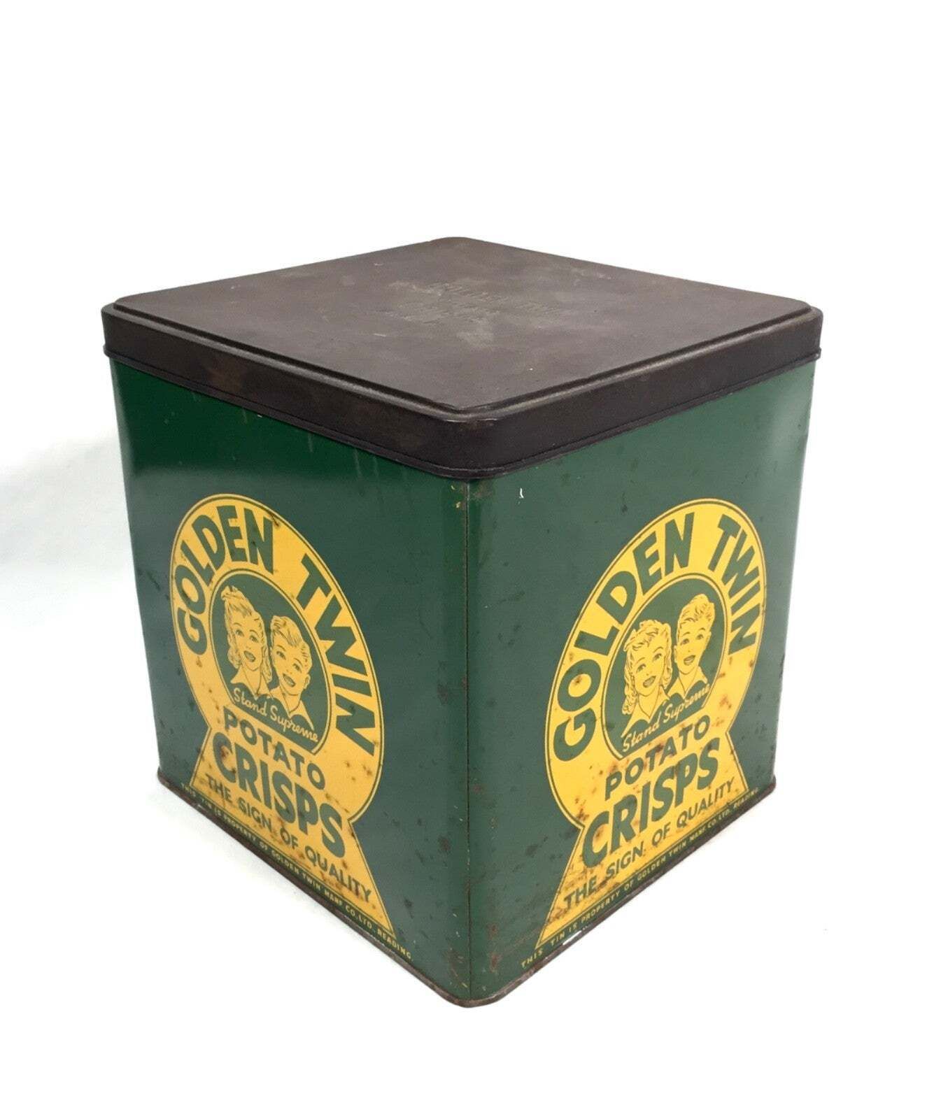 Antique Advertising Rare Shop Display Golden Twin Potato Crisps Tin C.1930 photo vinterior