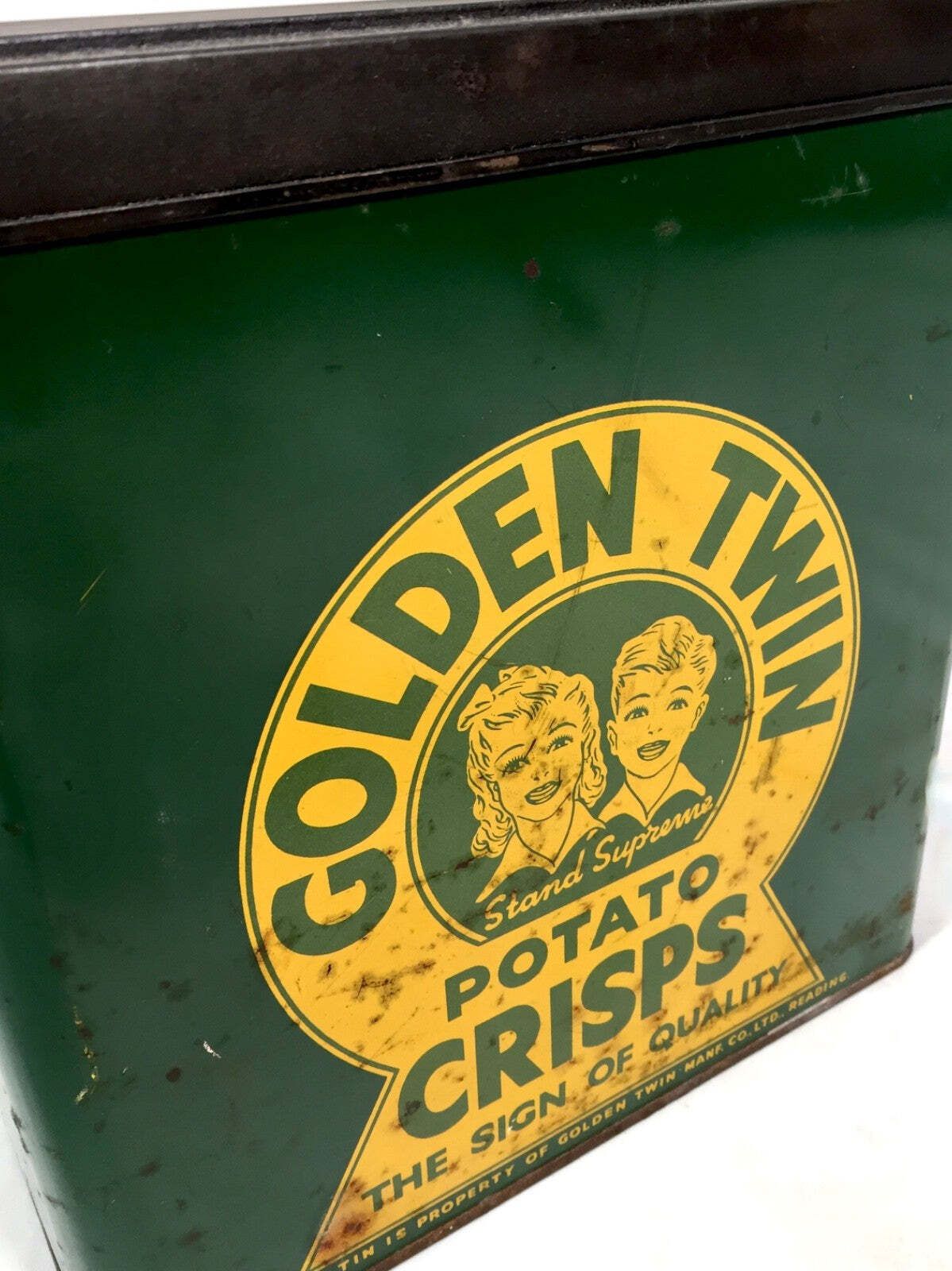 Antique Advertising Rare Shop Display Golden Twin Potato Crisps Tin C.1930 photo buy