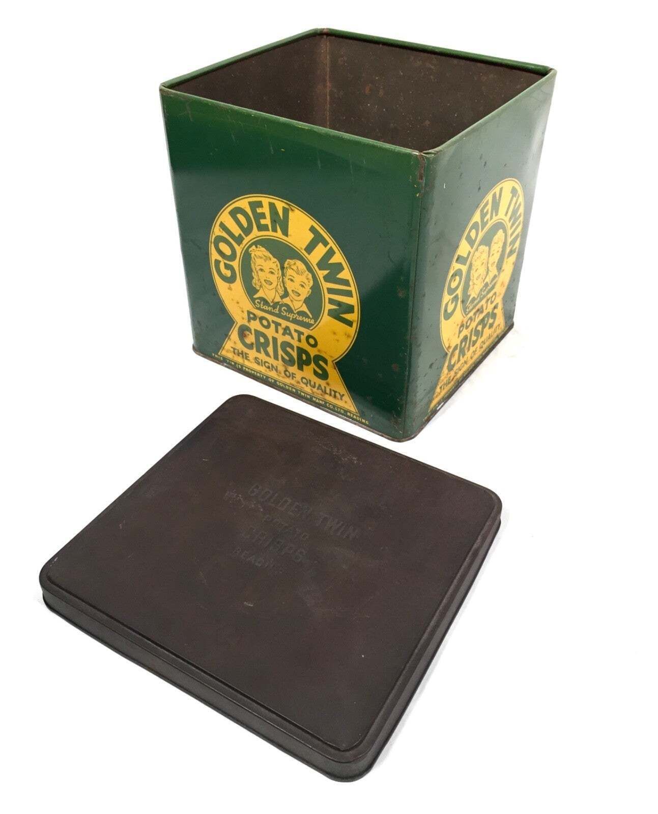 Antique Advertising Rare Shop Display Golden Twin Potato Crisps Tin C.1930 photo vintage