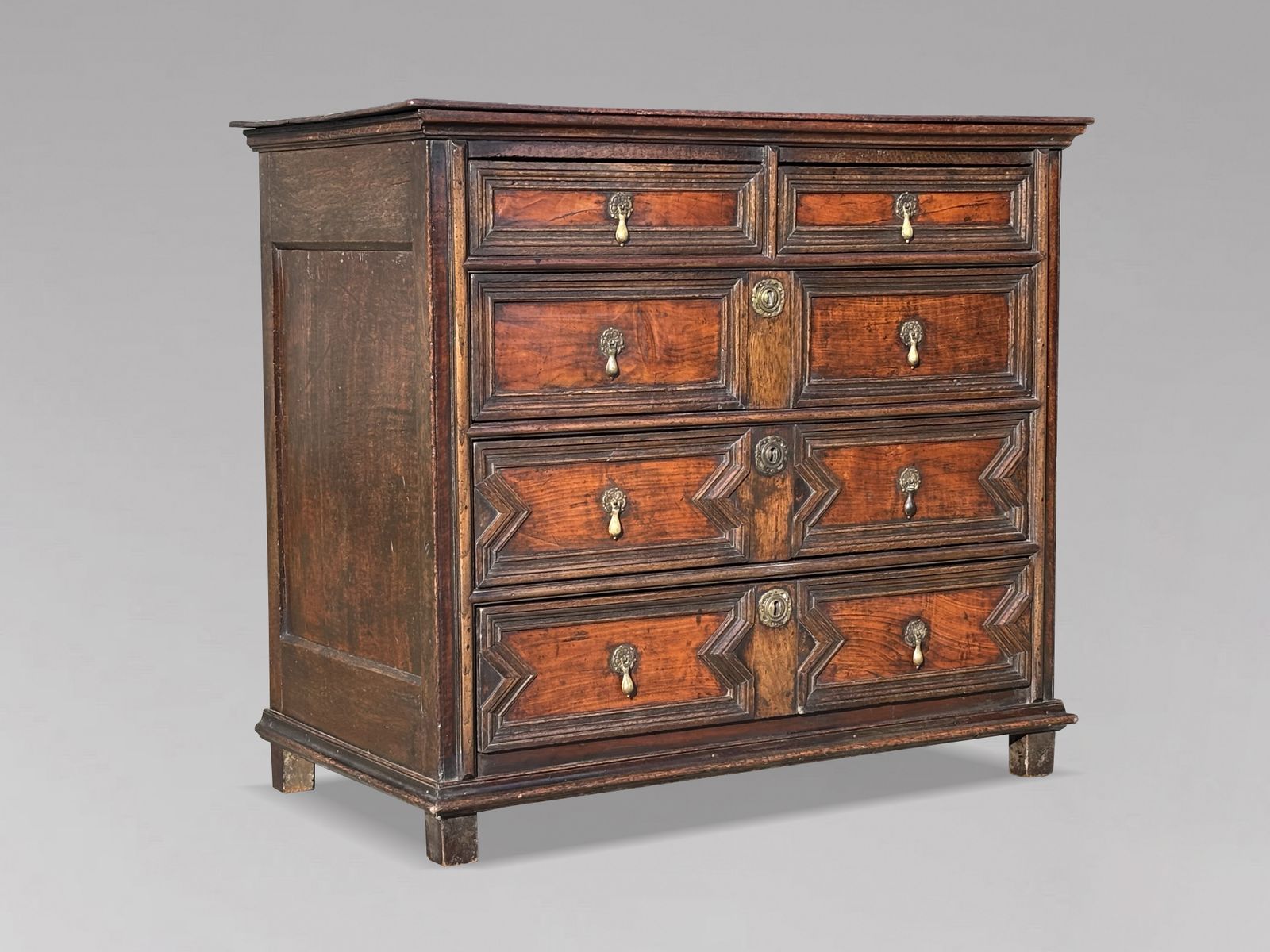 17th Century Charles II Period Jacobean Oak Geometric Chest Of Drawers