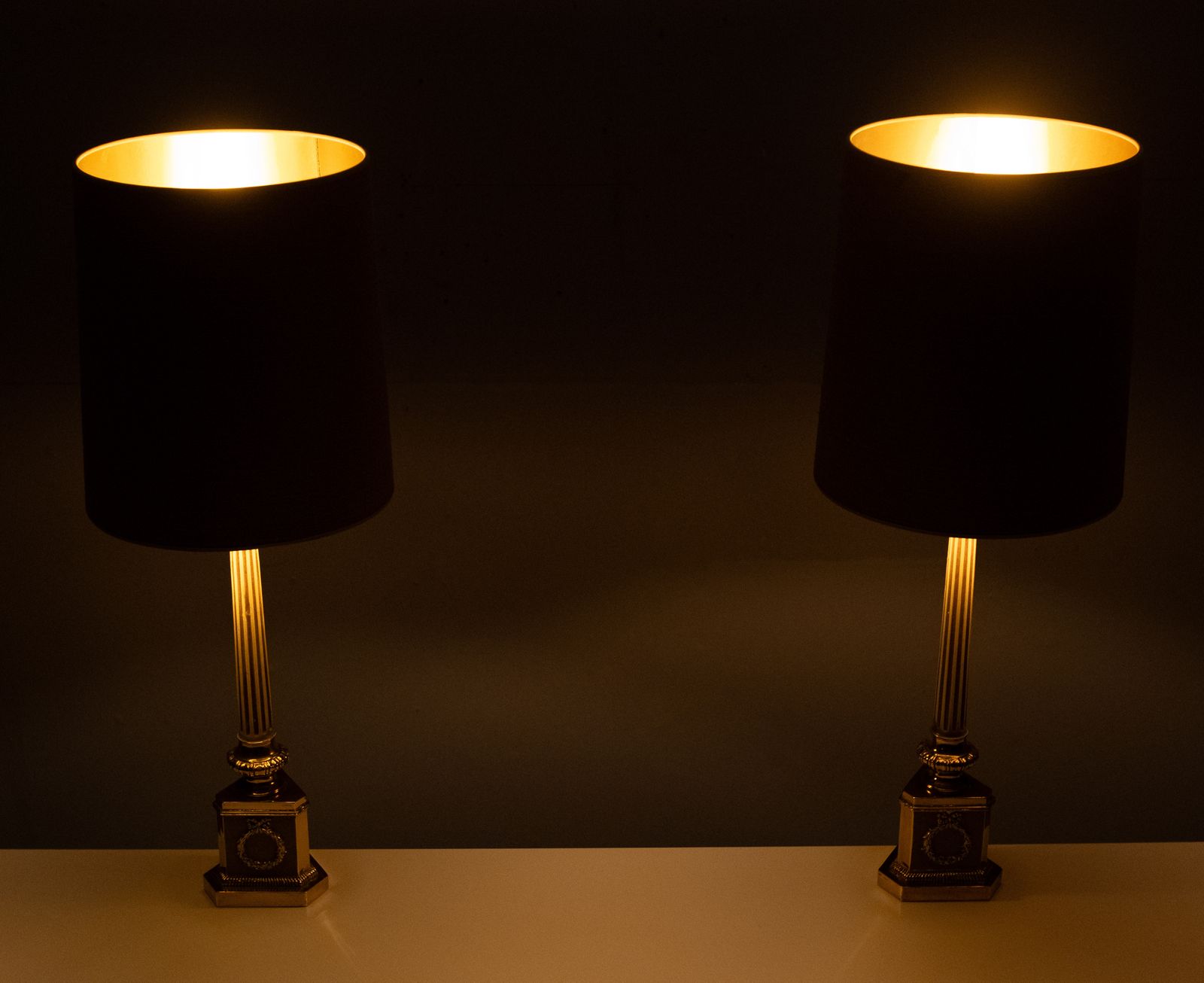 Antique Empire Brass Column Table Lamps 1950s photo vinterior