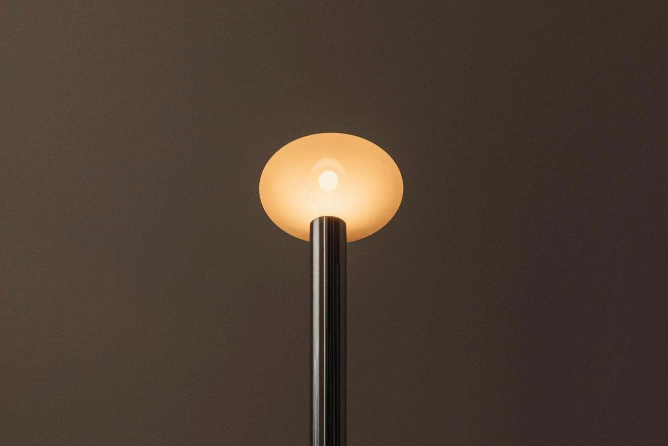 Lighting Minimalist Italian Floor Lamp From The Late 1970s In Chrome And Brushed Metal. photo