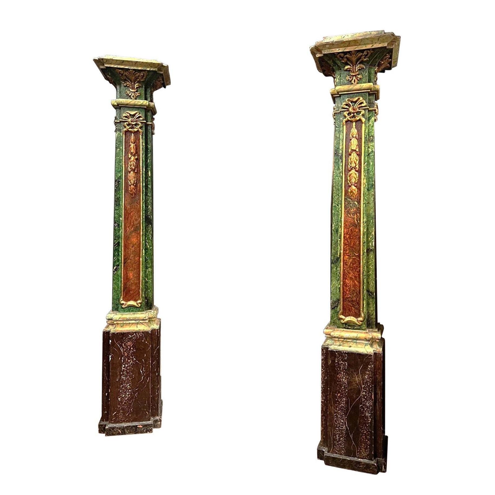 Pair Of Decorative Polychrome Columns With Gilt Trim, Italy