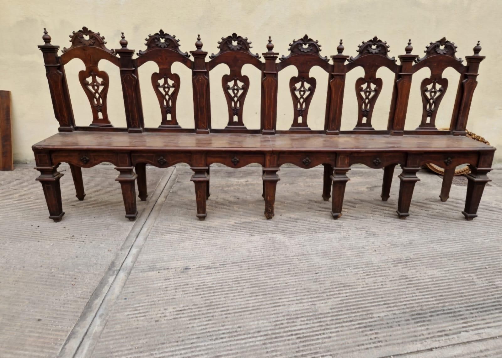 Important Walnut Bench, Finely Carved And Inlaid, Italy photo furniture