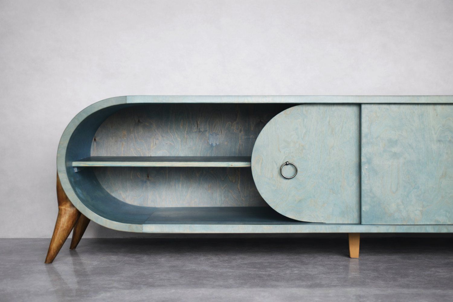 photo furniture Mid Century Modern Italian Turquoise Streamline Sideboard In Birch, 1960s