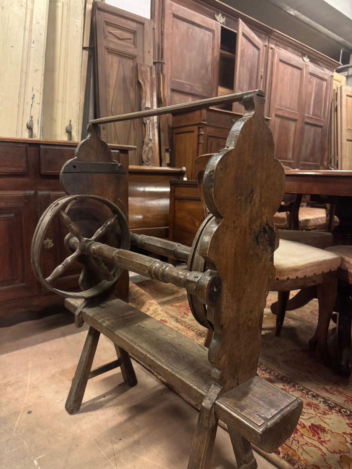 Antique Wooden Spinning Wheel With Crank, Work Tool, Italy photo Home Decor