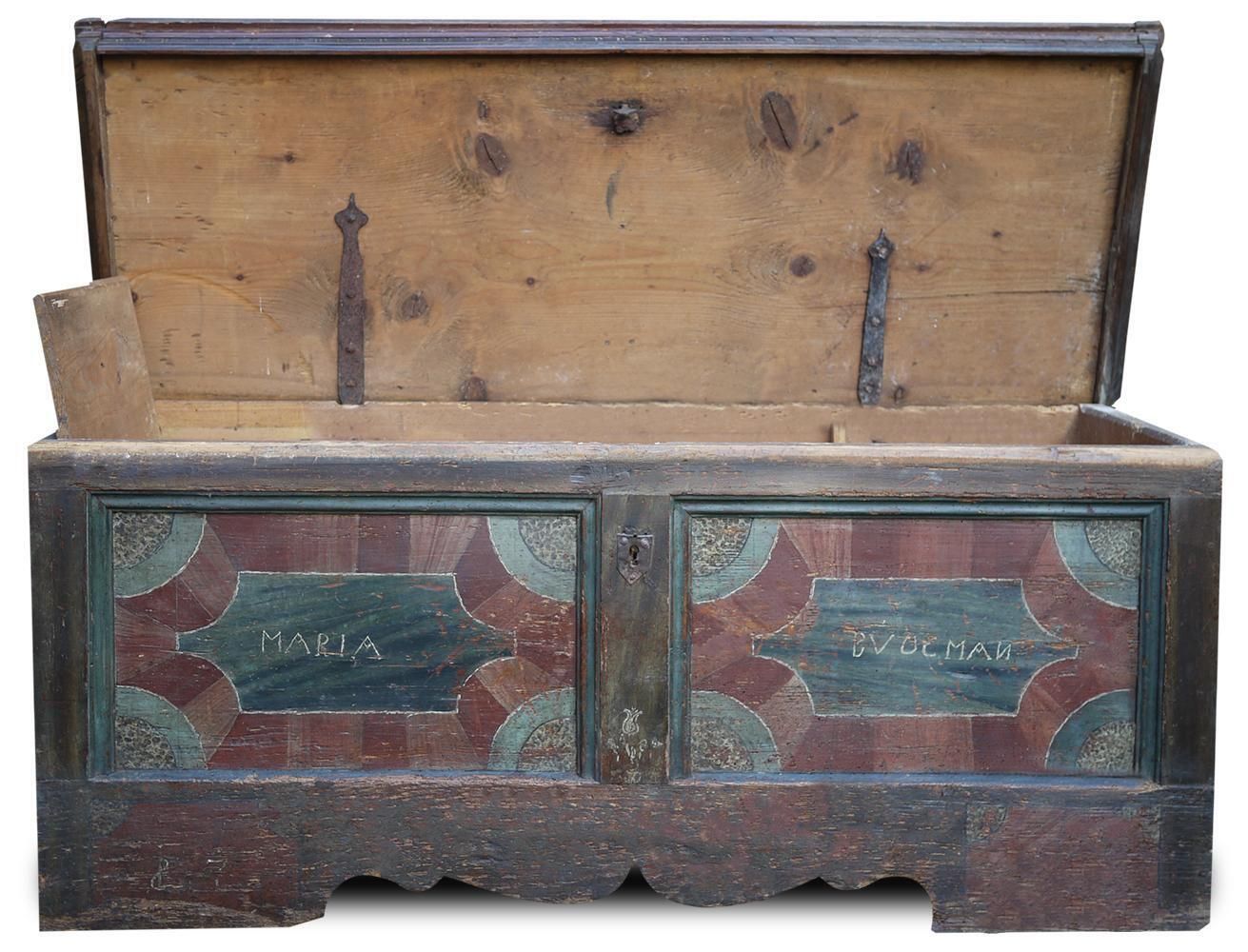18th Century Blanket Chest Blue And Red Painted photo for sale