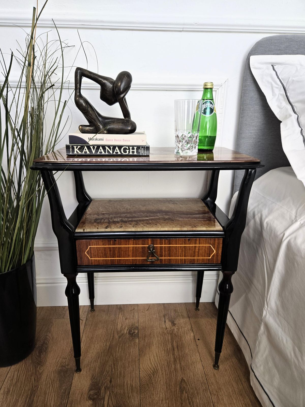 Pair Of Mid Century Italian Art Deco Nightstands Bedside Tables Walnut Glass Top photo furniture