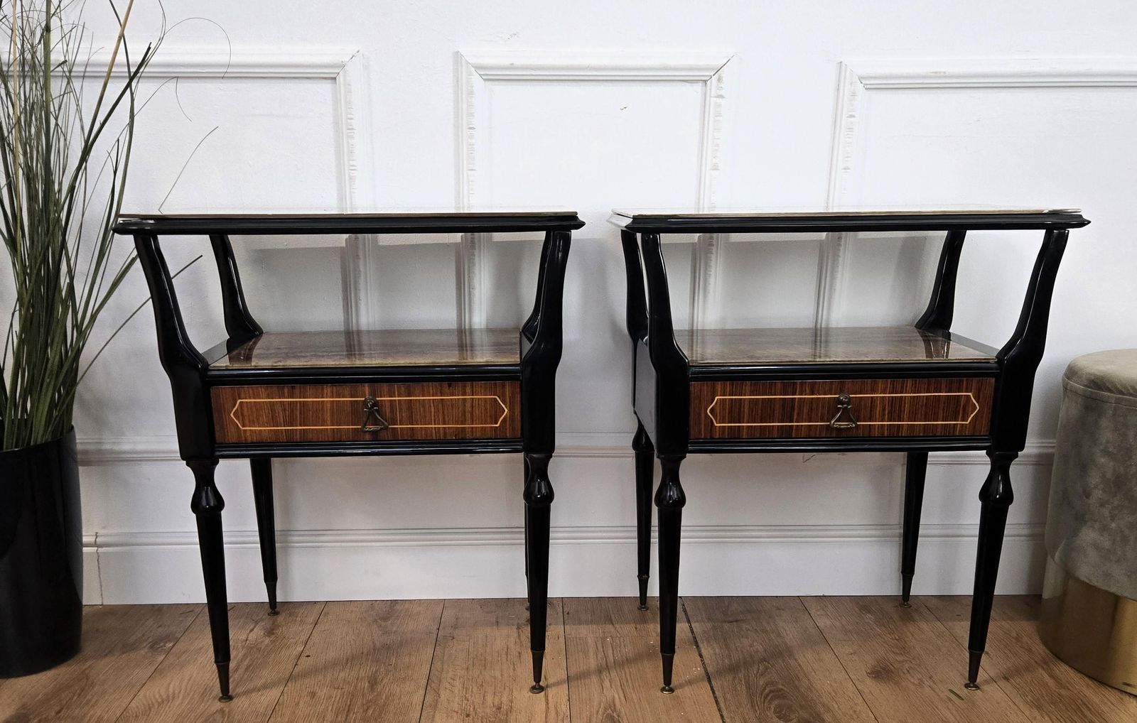 Pair Of Mid Century Italian Art Deco Nightstands Bedside Tables Walnut Glass Top photo 1386.0