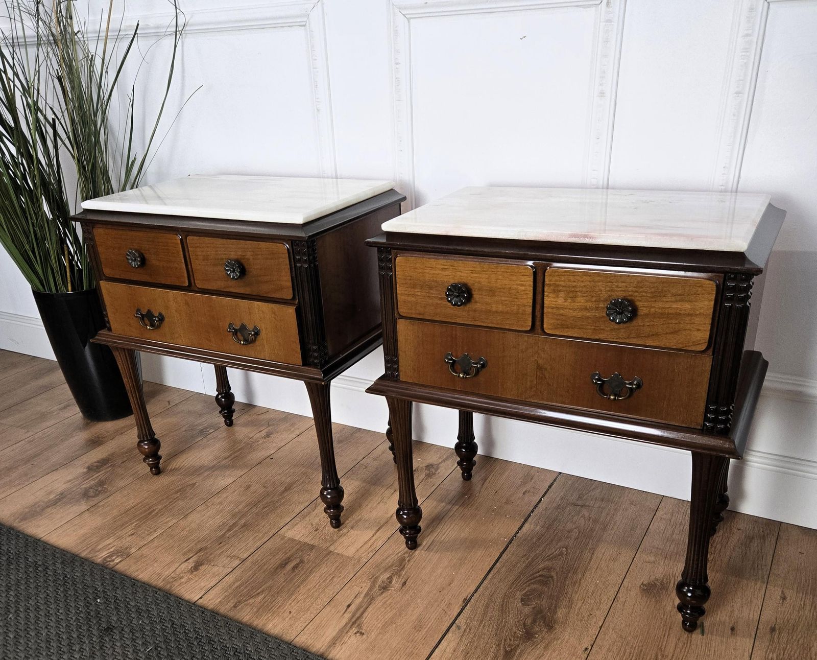 Pair Of Italian Midcentury Art Deco Wood Marble Top Night Stands Bedside Tables photo vintage