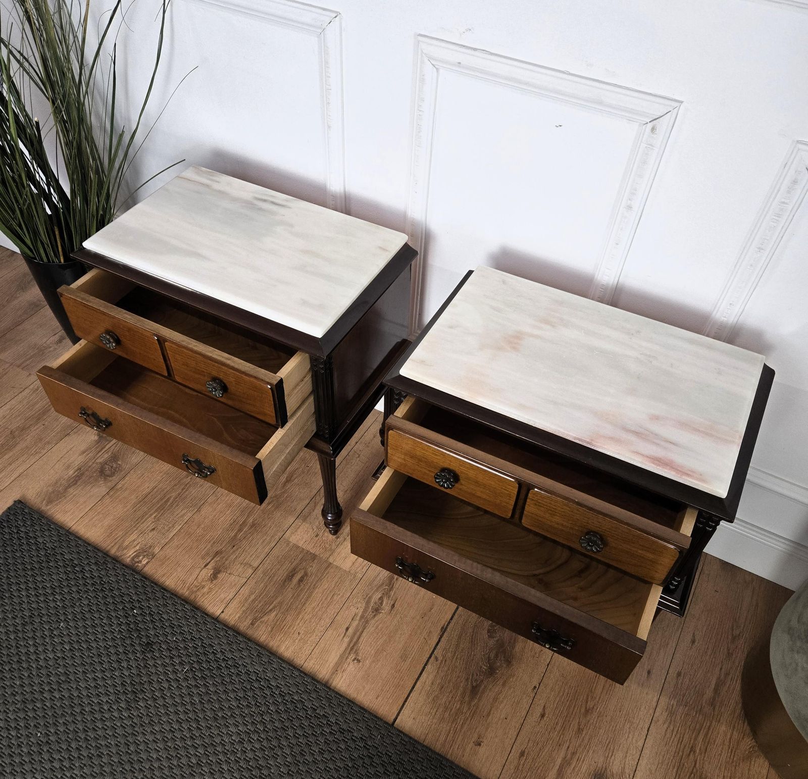 photo for sale Pair Of Italian Midcentury Art Deco Wood Marble Top Night Stands Bedside Tables