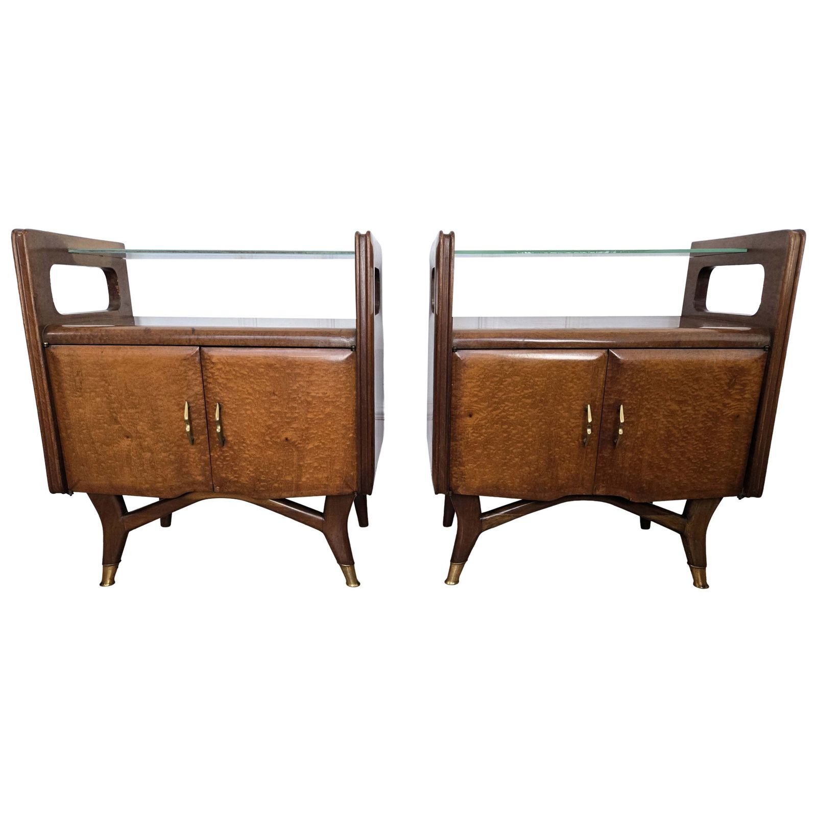 Pair Of Mid Century Italian Art Deco Nightstands Bedside Tables Walnut Glass Top