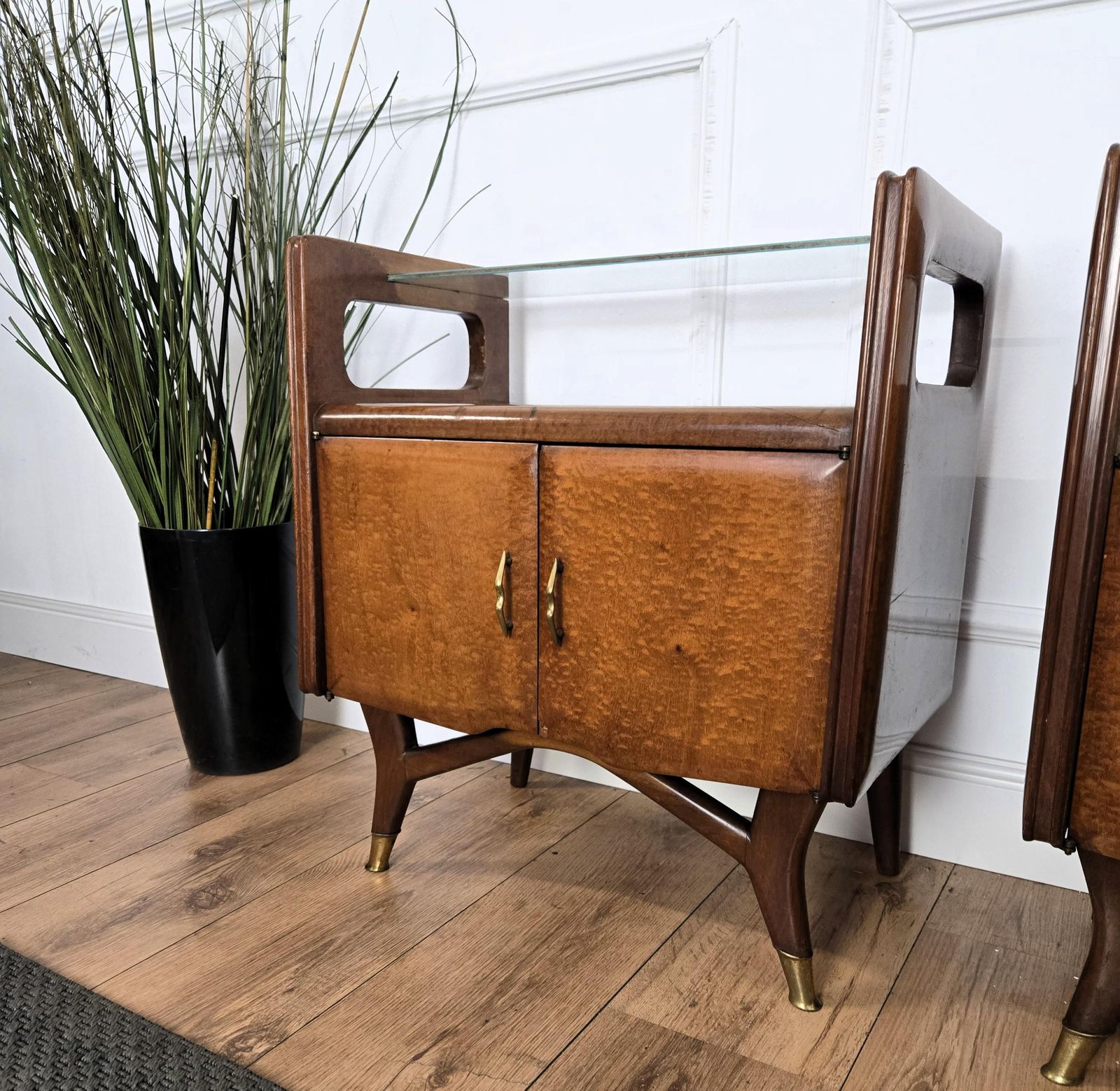 Pair Of Mid Century Italian Art Deco Nightstands Bedside Tables Walnut Glass Top photo buy