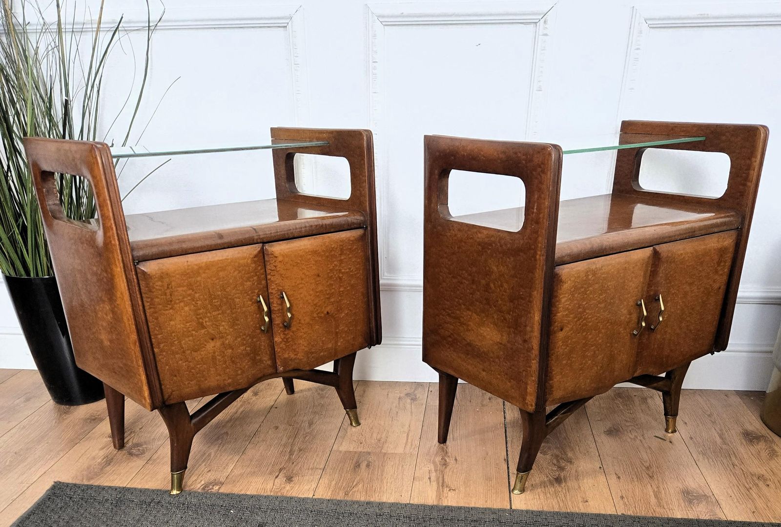 photo furniture Pair Of Mid Century Italian Art Deco Nightstands Bedside Tables Walnut Glass Top