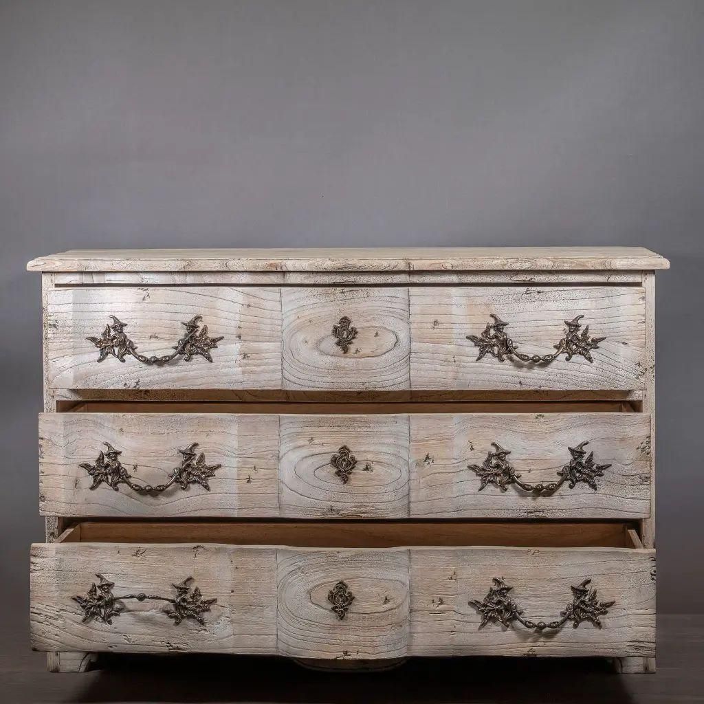 Crossbow Chest Of Drawers In Wood With Grey Patina And Chinese Style Bronzes photo for sale