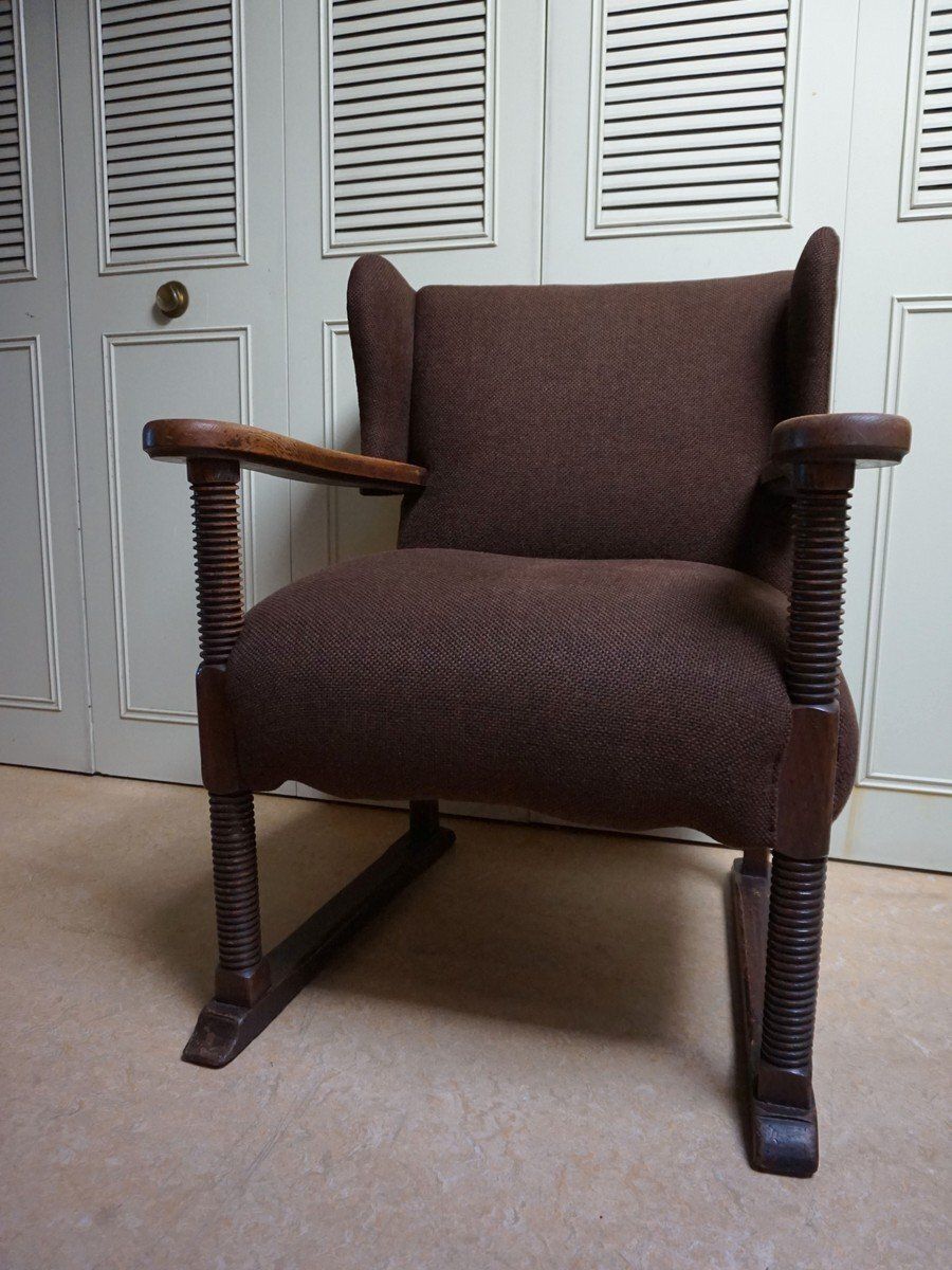 Mid Century Brutalist Wing Armchair In The Manner Of Charles Dudouyt, 1950s photo furniture