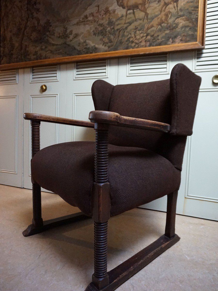 photo buy Mid Century Brutalist Wing Armchair In The Manner Of Charles Dudouyt, 1950s