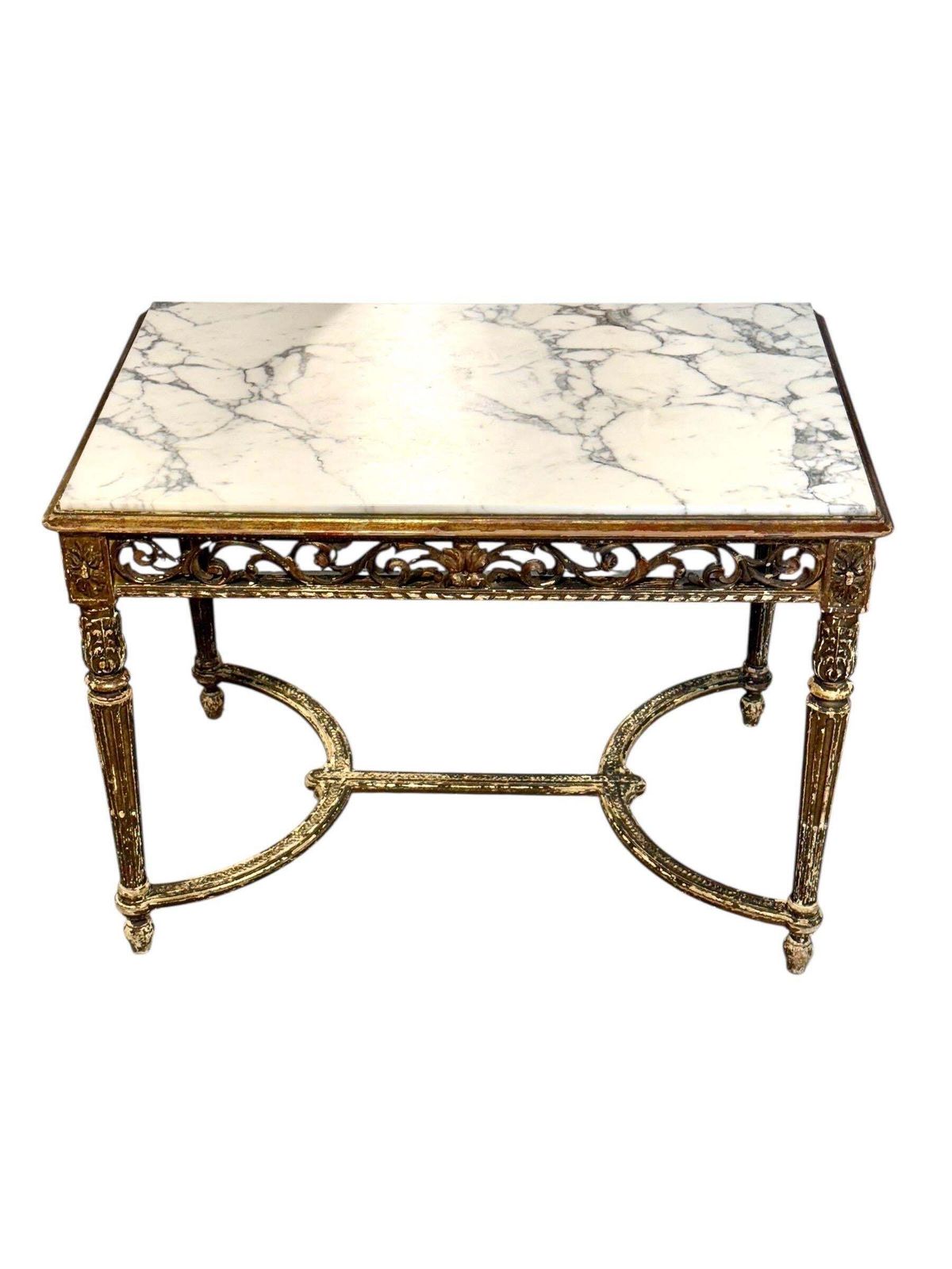 photo for sale 19th Century French Giltwood Center Table With Carved Apron And Marble Top