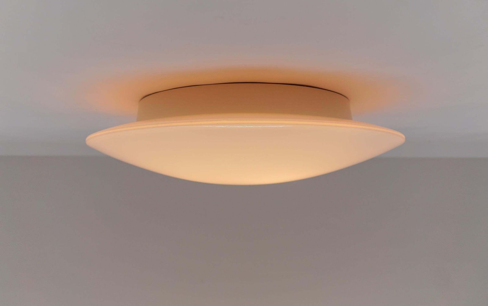photo for sale Large Opaline Glass Discus Ceiling Lamp By Limburg Bega, Mid Century Modern