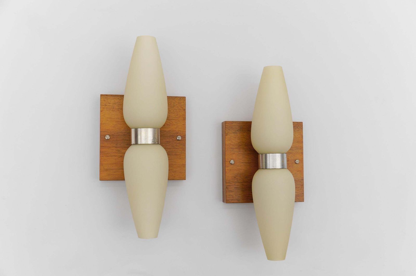 Pair Of Wood And Opaline Glass Wall Lamps By Temde, Switzerland, 1960s photo for sale