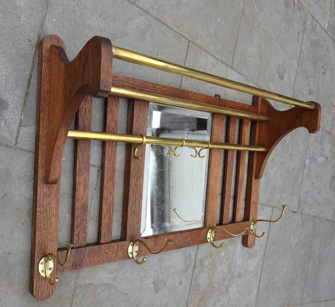 Art Deco Wall Coat Rack In Belgian Oak And Brass, 1920s photo vinterior
