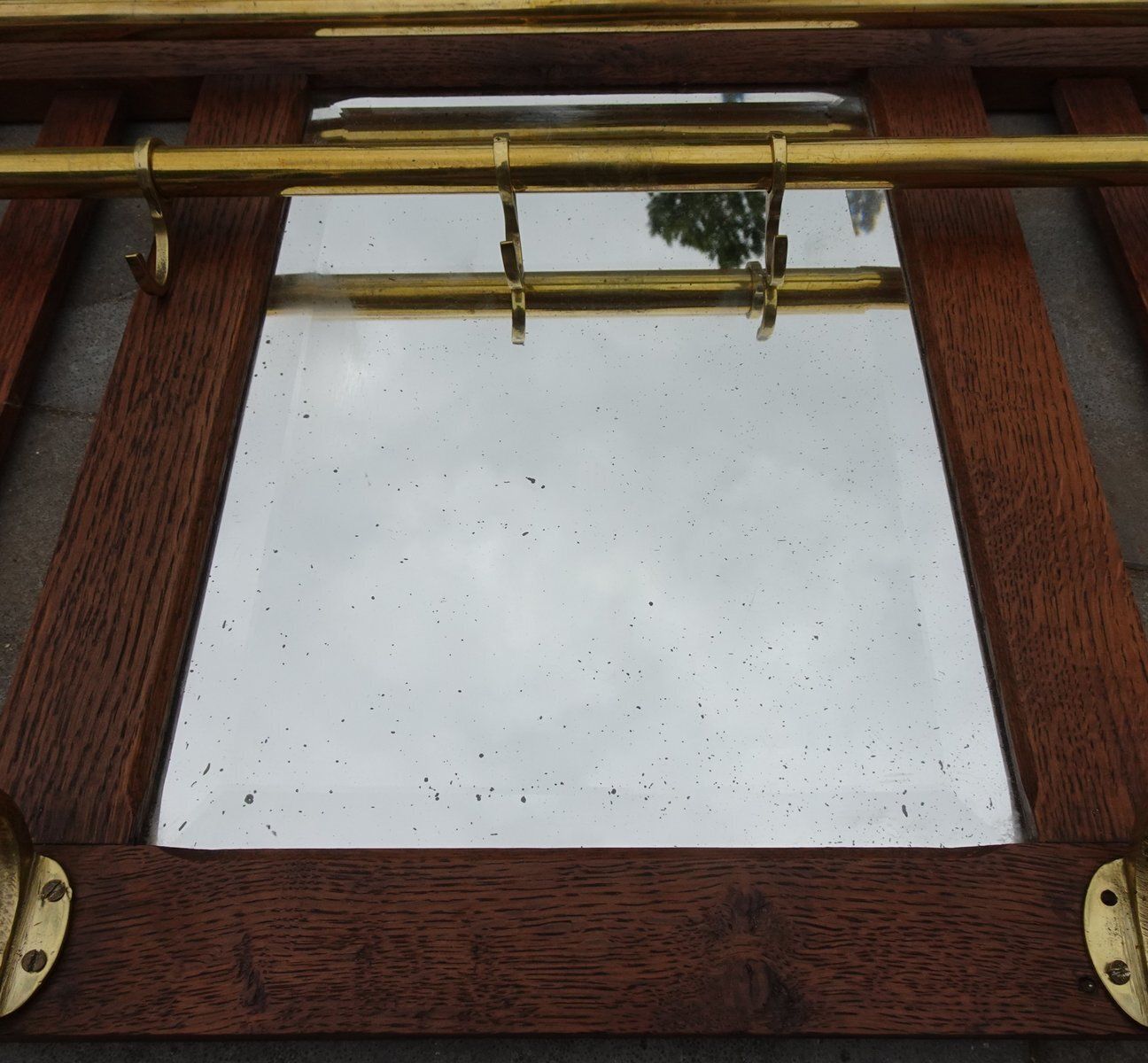 Furniture Art Deco Wall Coat Rack In Belgian Oak And Brass, 1920s photo