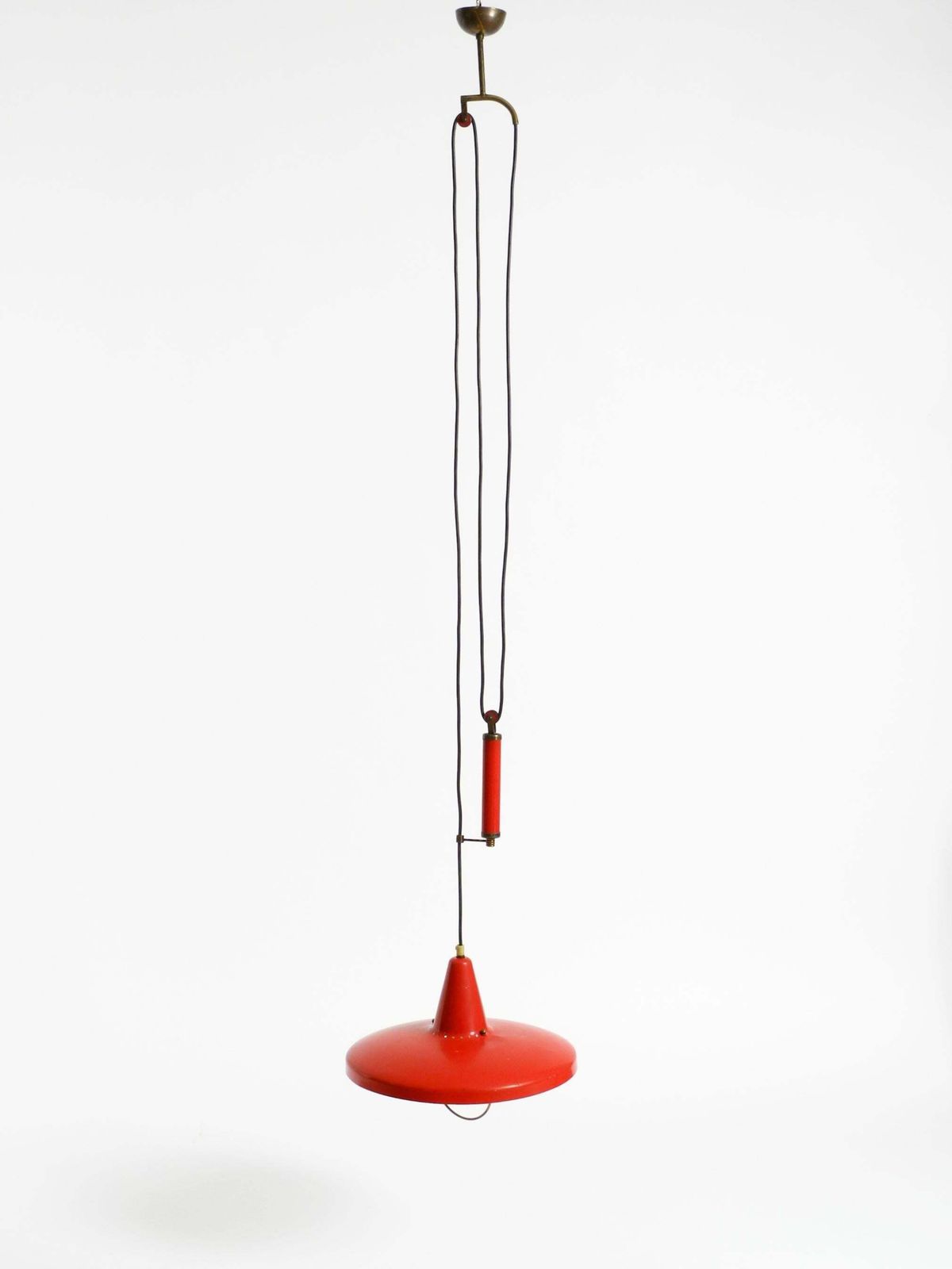 Mid Century Modern Red Aluminum Pendant Lamp, Height Adjustable, Italy, 1950 photo for sale