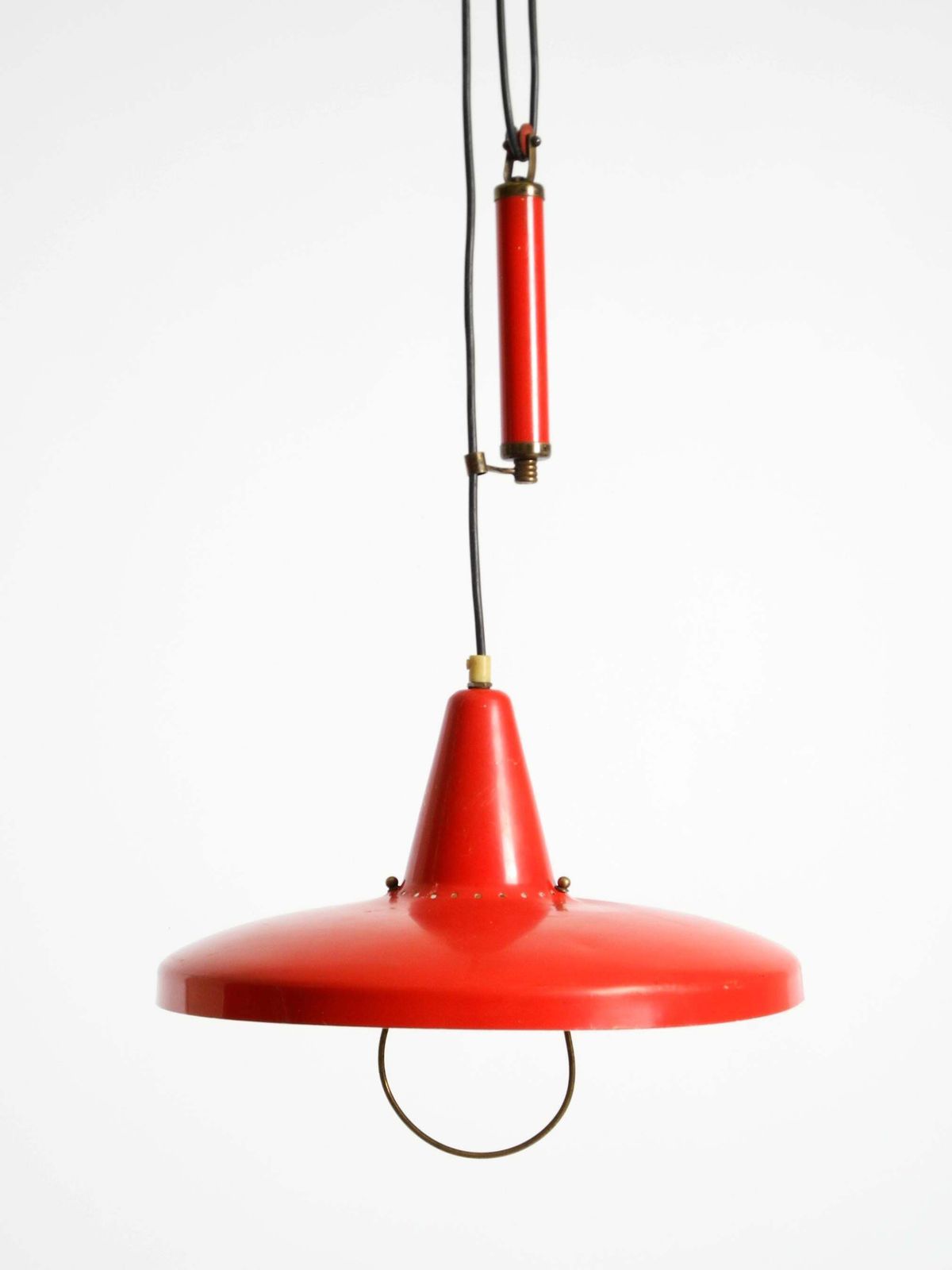 1593.0 Mid Century Modern Red Aluminum Pendant Lamp, Height Adjustable, Italy, 1950 photo