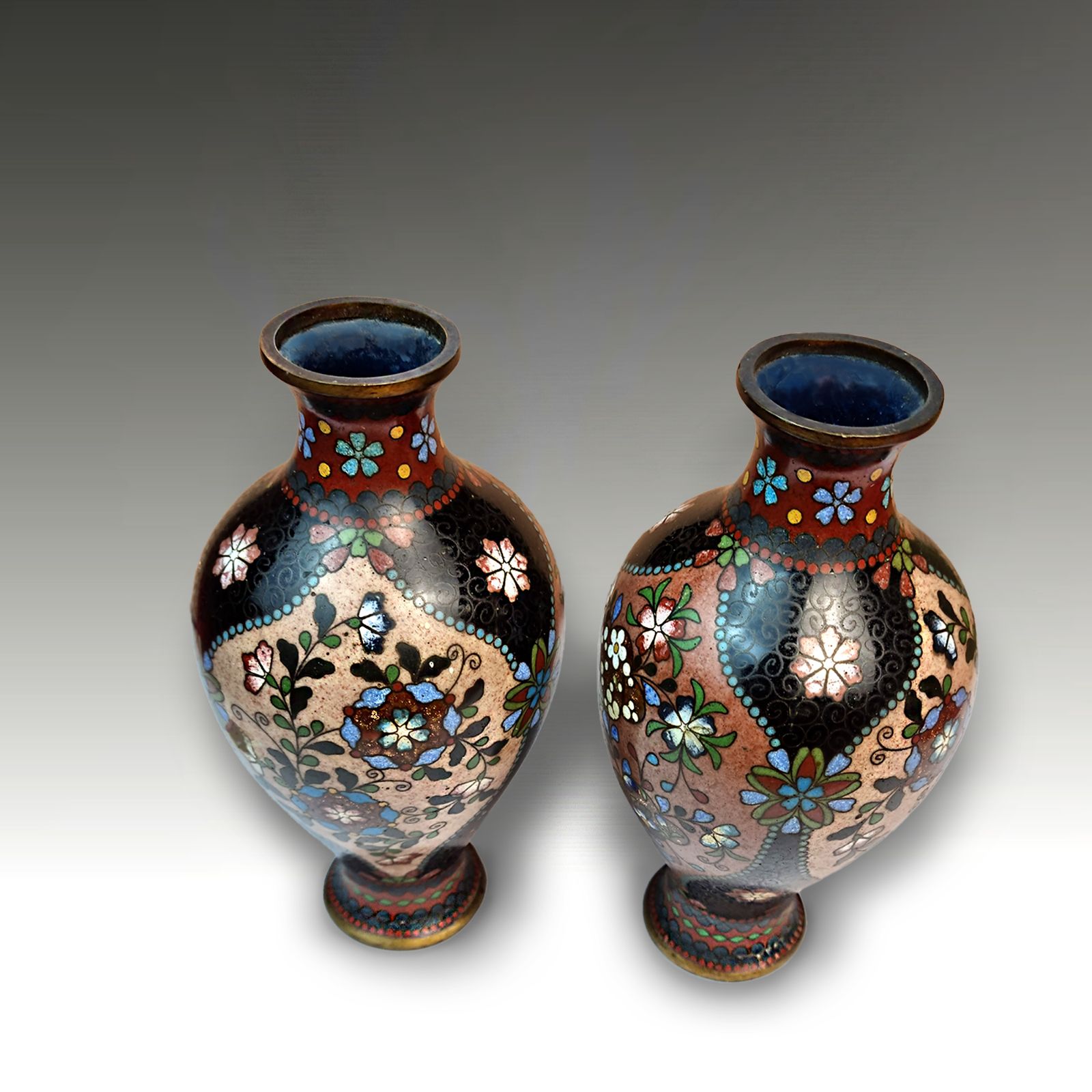 Japanese Cloisonne Pair Gold Flake Vases  Meiji Period  Signed  Superb  17cm H photo for sale
