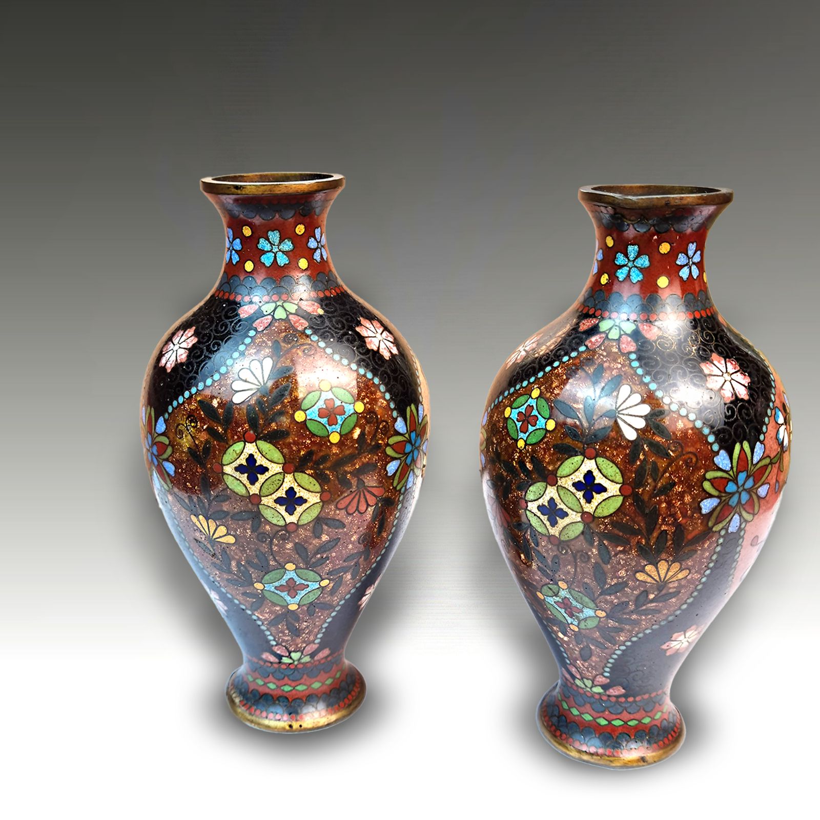 Japanese Cloisonne Pair Gold Flake Vases  Meiji Period  Signed  Superb  17cm H photo Home Decor