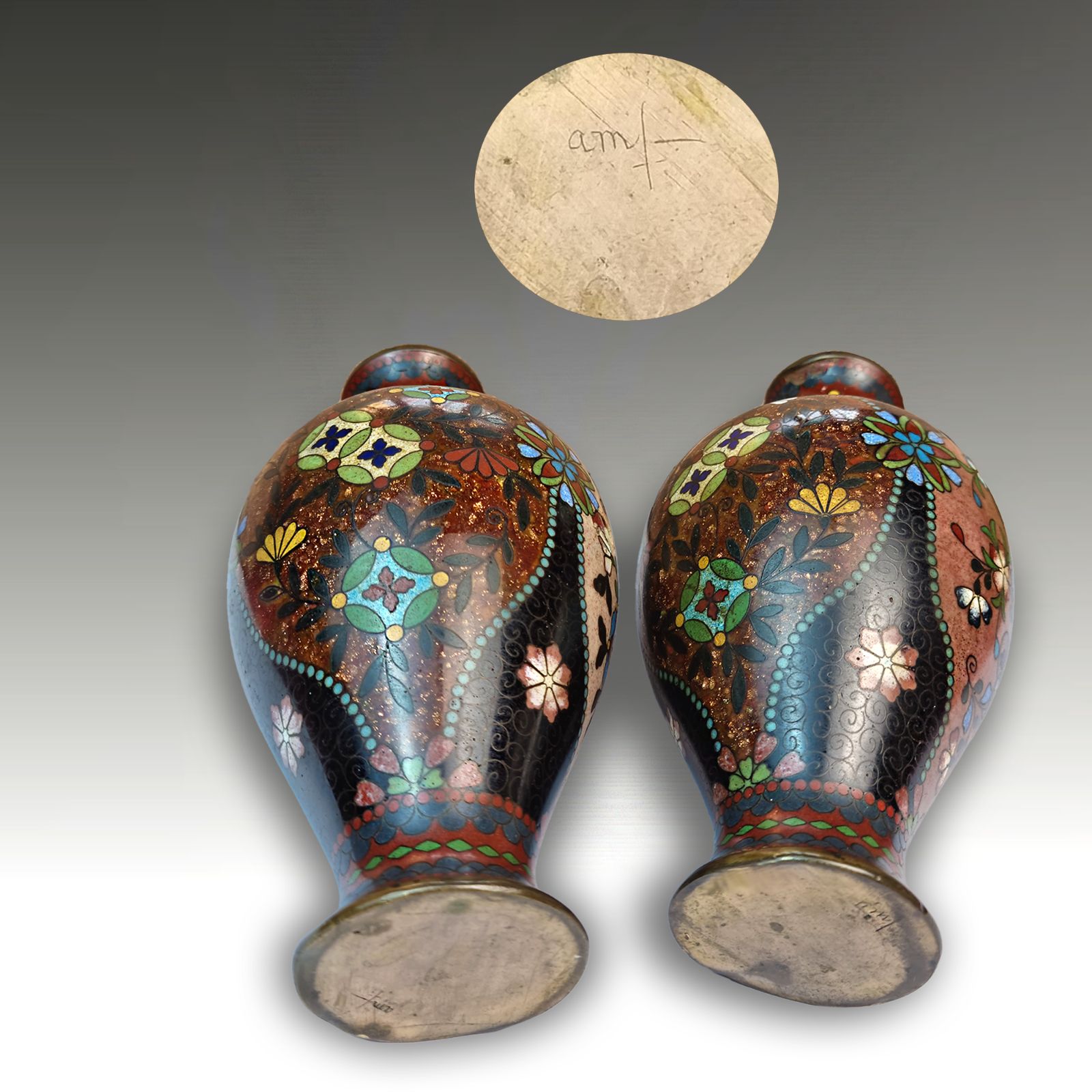 Japanese Cloisonne Pair Gold Flake Vases  Meiji Period  Signed  Superb  17cm H photo 325.0
