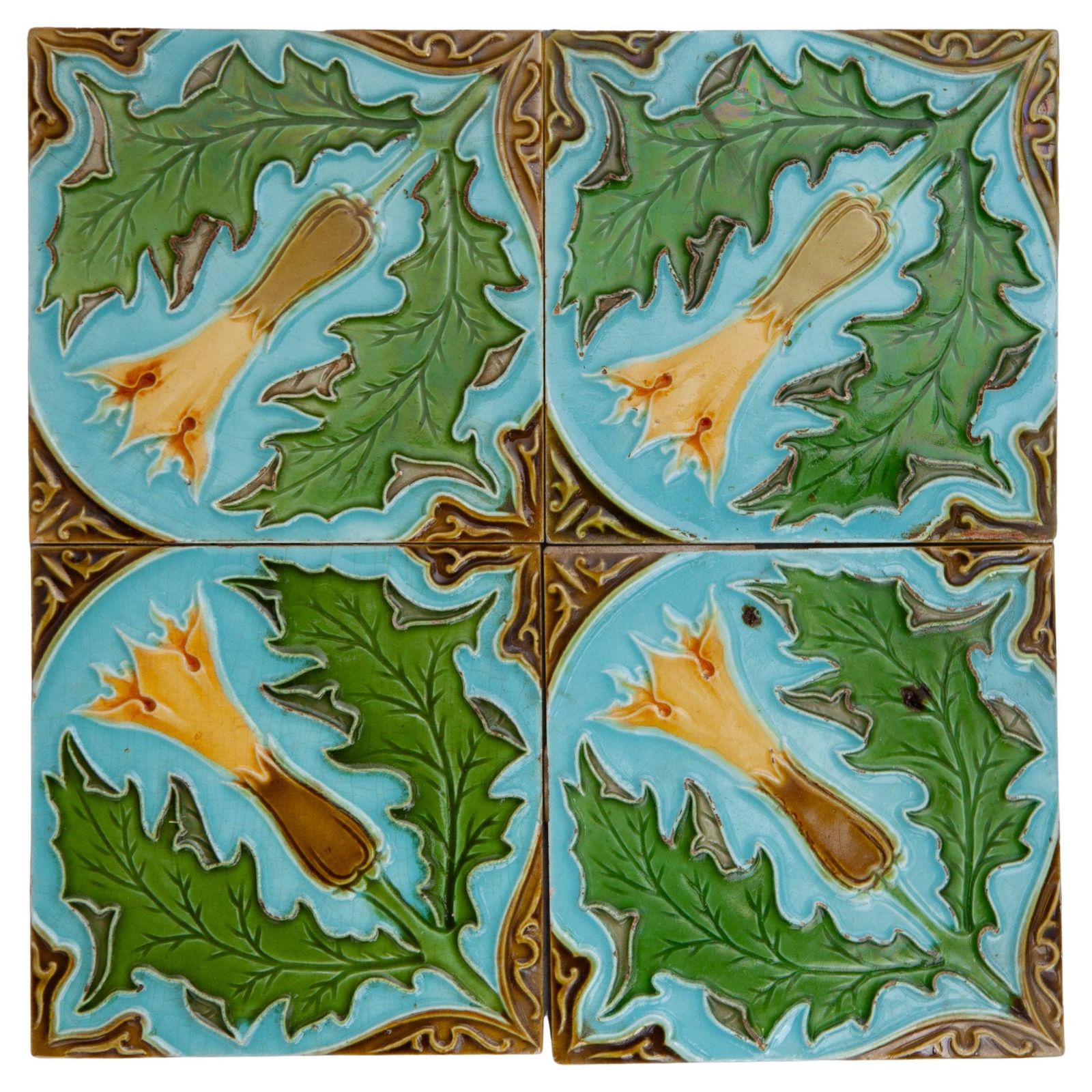 Art Nouveau Flower Tiles Designed By Carreaux Faience De Florennes, Belgium