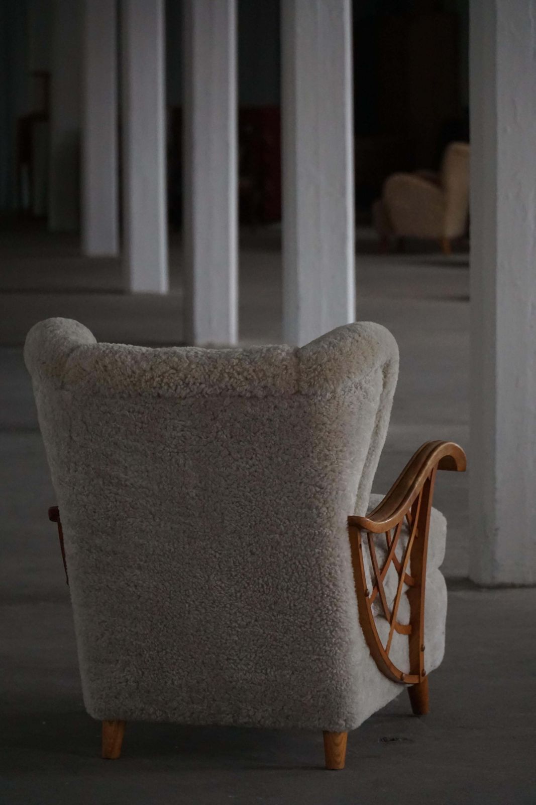 Pair Of Swedish Modern Lounge Chairs, Shearling Lambswool & Elm, 1940s photo vinterior