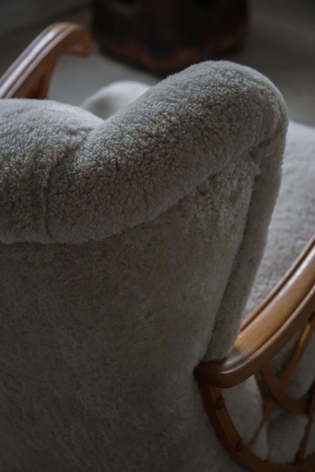 Pair Of Swedish Modern Lounge Chairs, Shearling Lambswool & Elm, 1940s photo buy