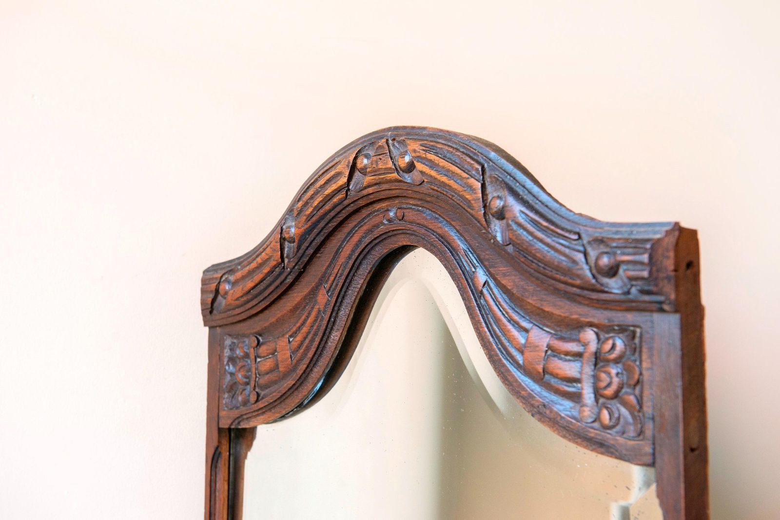 Large Antique Art Deco Belgian Mirror With Beveled Glass – Arched Hand Carved Oak Frame, 1920s photo furniture