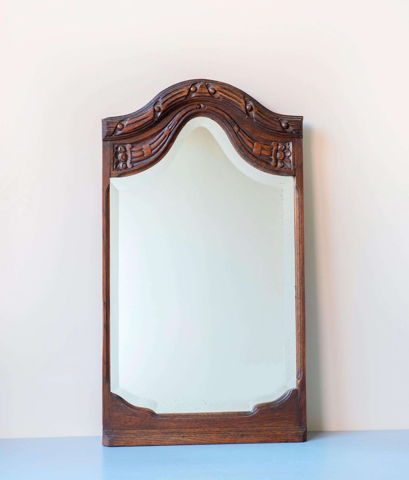 439.0 Large Antique Art Deco Belgian Mirror With Beveled Glass – Arched Hand Carved Oak Frame, 1920s photo
