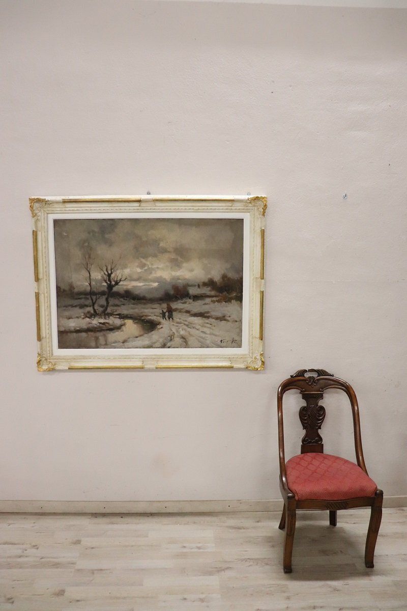 Winter Landscape, Oil Painting On Canvas, Early 20th Century, Framed photo vintage