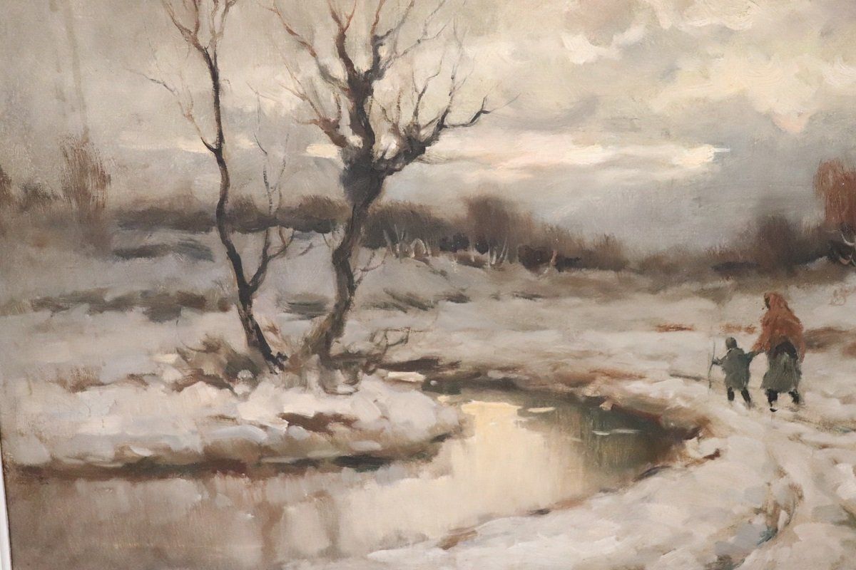 Art Winter Landscape, Oil Painting On Canvas, Early 20th Century, Framed photo
