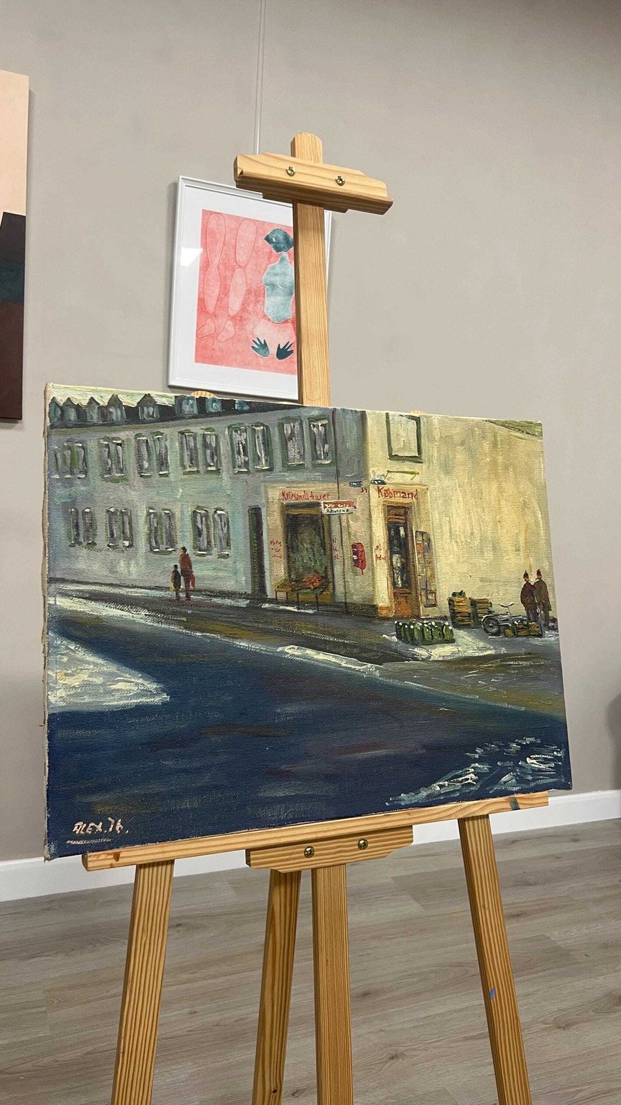 Mid Century Scandinavian Street Scene Picture By Alex 1976, Signed Oil On Canvas photo for sale