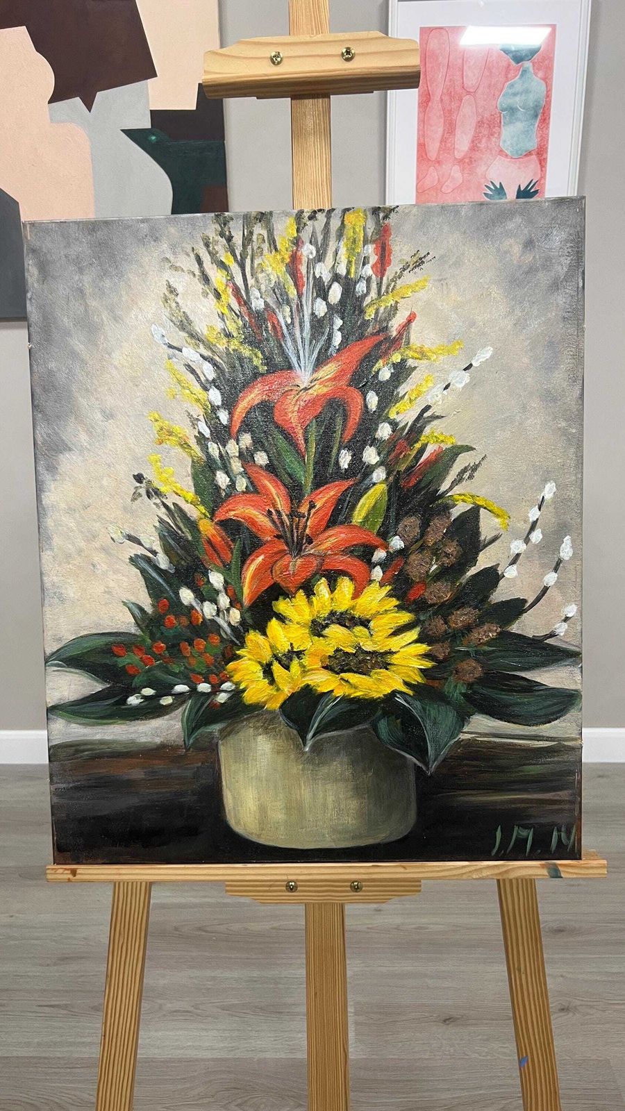 Bold Floral Still Life Painting By I.M. 2014 — Signed Oil On Canvas, 60 X 50 Cm