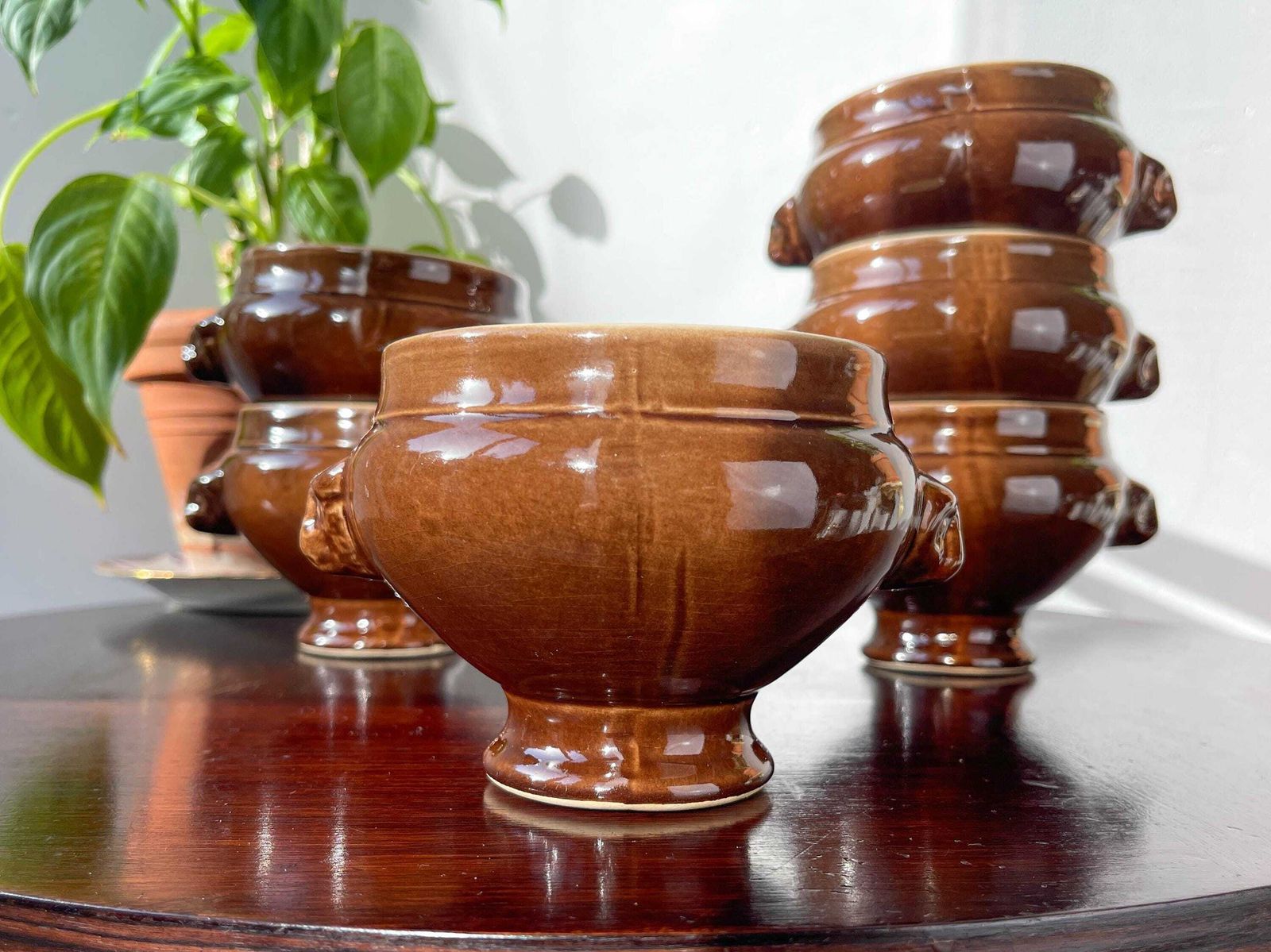 6 Vintage Emile Henry Lion Head Soup Bowls   Brown Ceramic, Made In France   Elegant And Traditional French Design For Your Recipes photo for sale