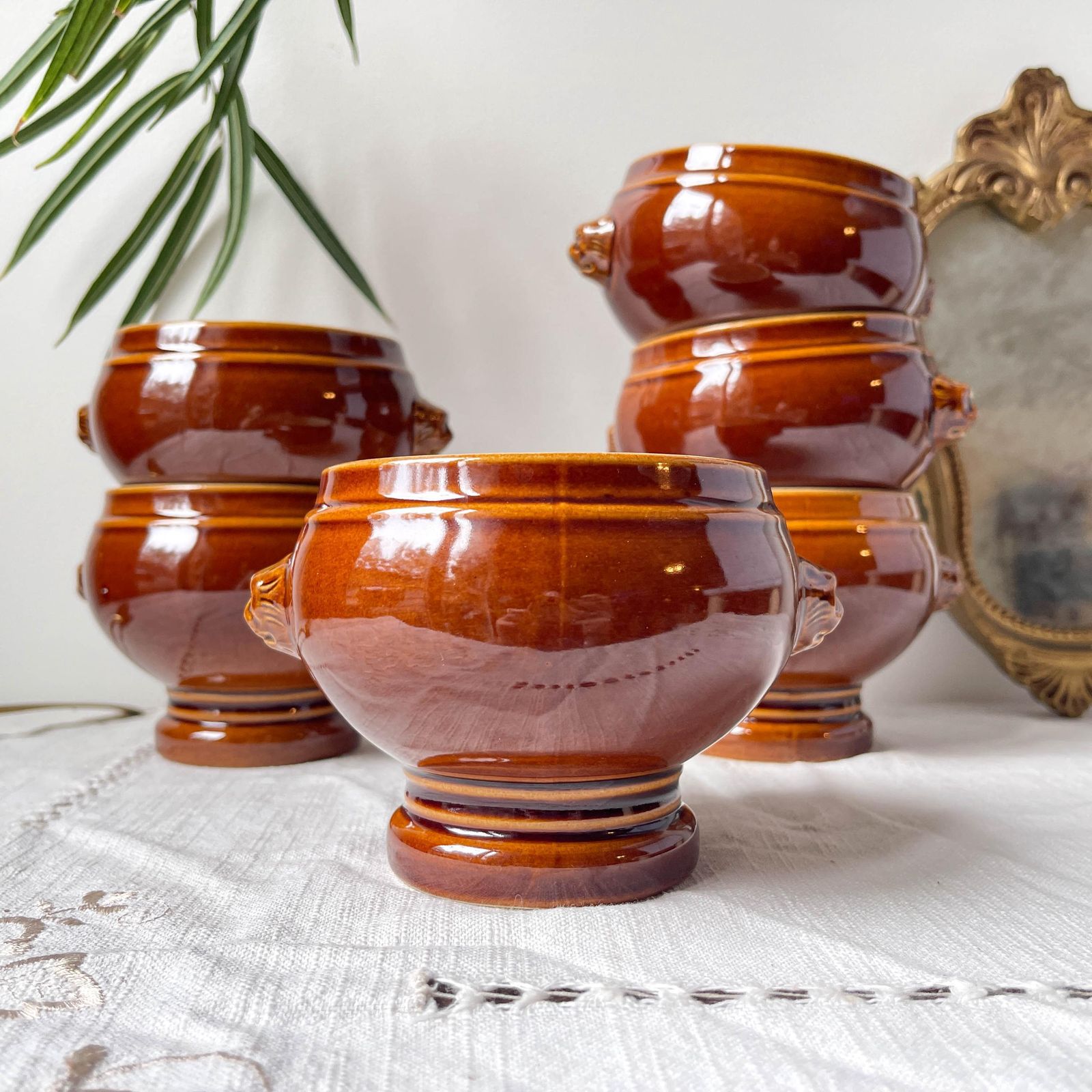 6 Vintage Brown Emile Henry Style Ceramic Lion Head Bowls Made In France     Vintage Onion Soup Bowls   Stoneware Gratin Bowl photo for sale