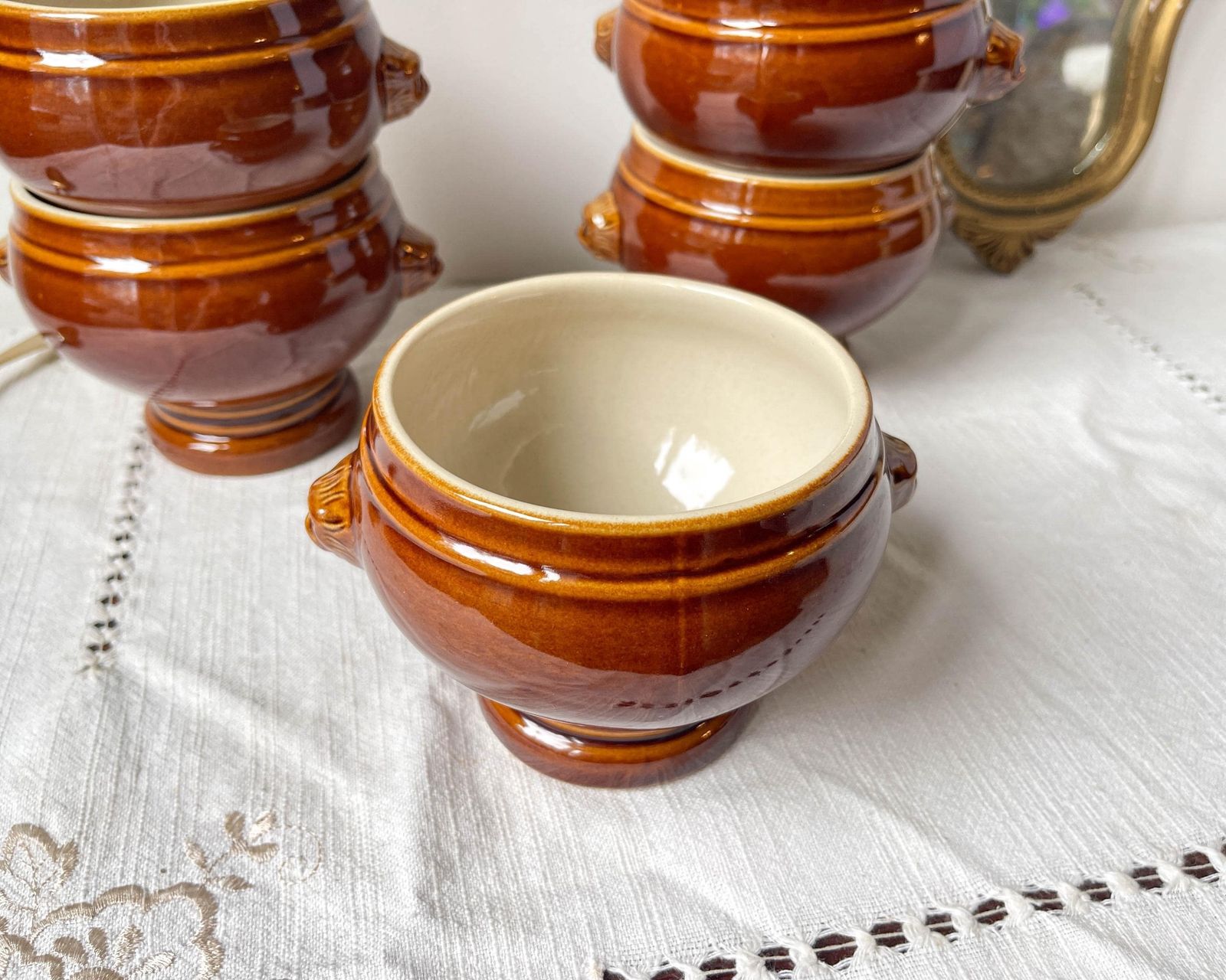 6 Vintage Brown Emile Henry Style Ceramic Lion Head Bowls Made In France     Vintage Onion Soup Bowls   Stoneware Gratin Bowl photo buy