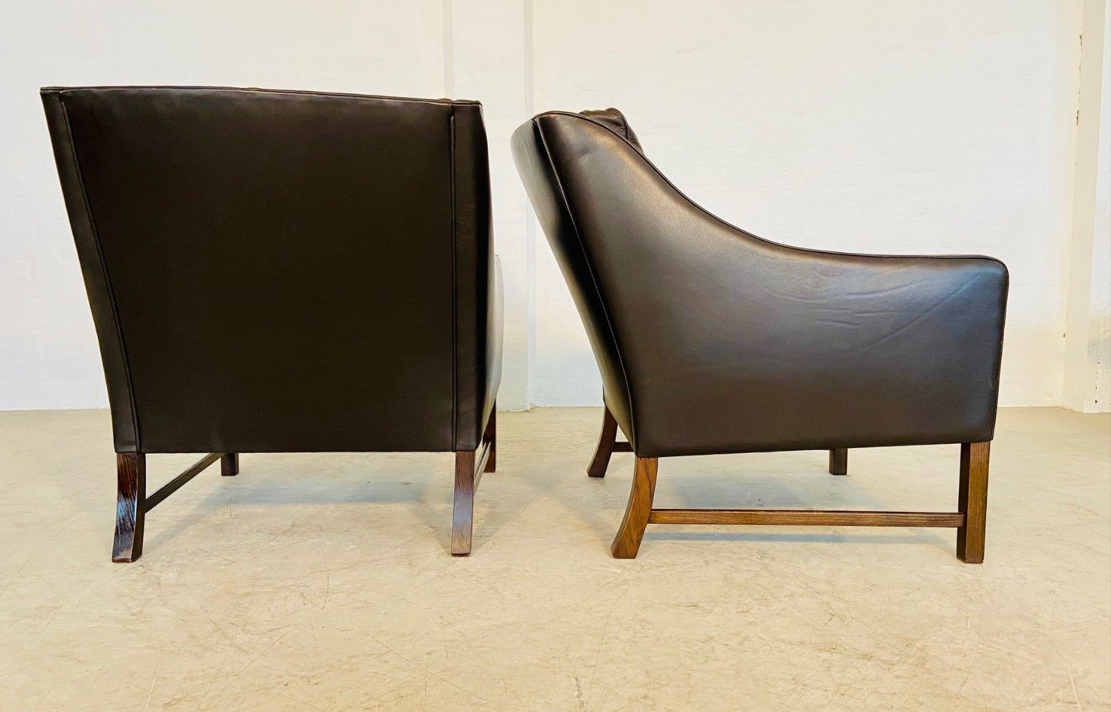 photo for sale Mid Century Fredrik Kayser Leather & Rosewood Lounge Chairs – Brown Leather