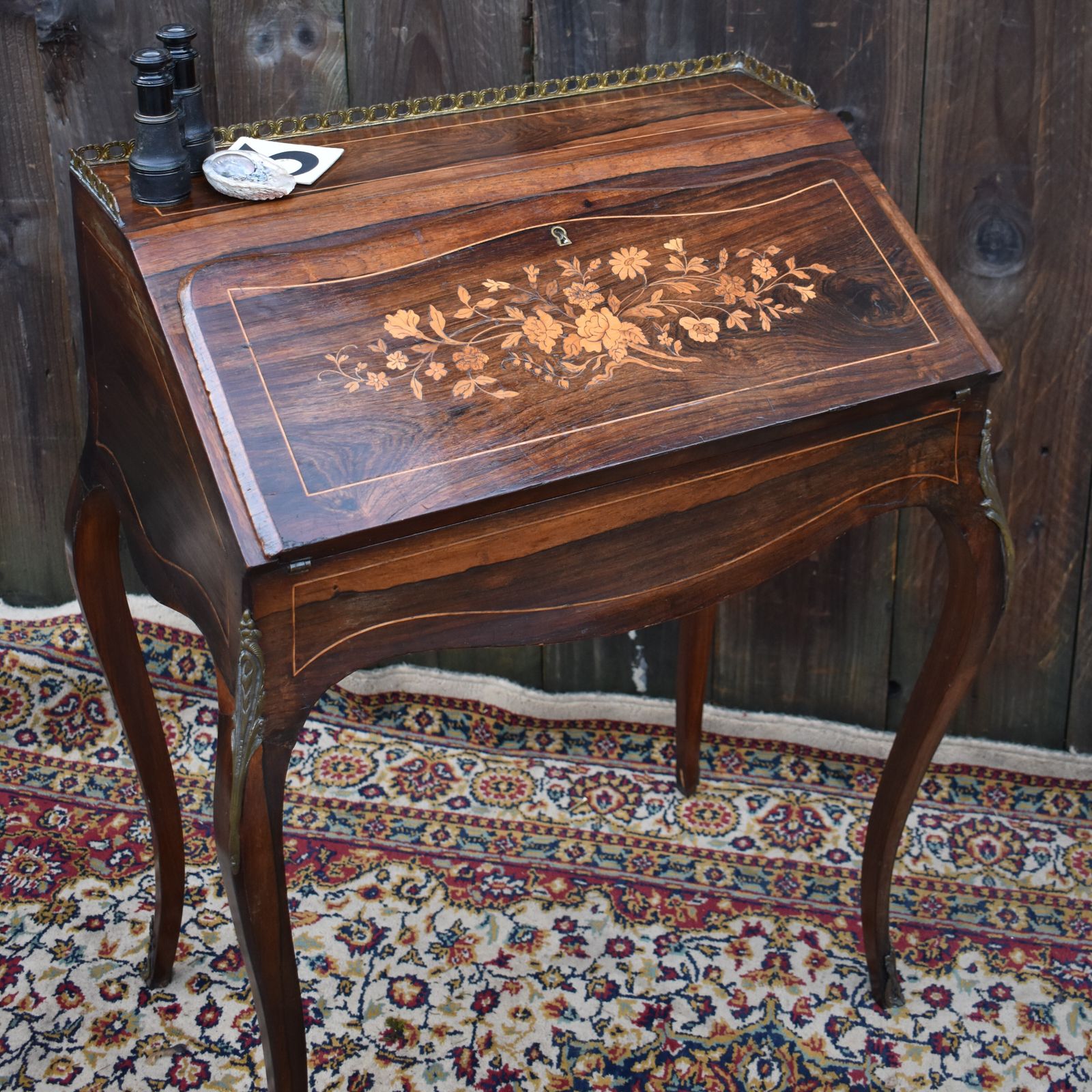 Antique French Bureau De Dame Writing Desk Ladies Marquetry Ormulu Bombe Style photo vintage