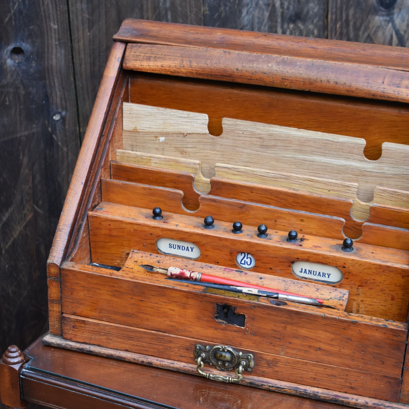 Antique Victorian Fine Oak Perpetual Calendar Tambour Travel Stationery Cabinet photo buy