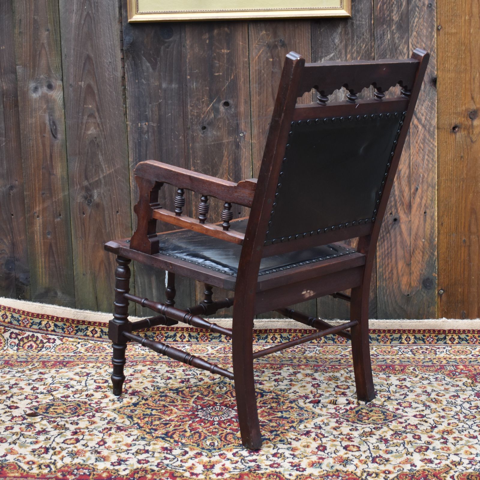 Antique 19th Century Gothic Revivel Leather Carved Oak Library Reading Armchair photo vinterior