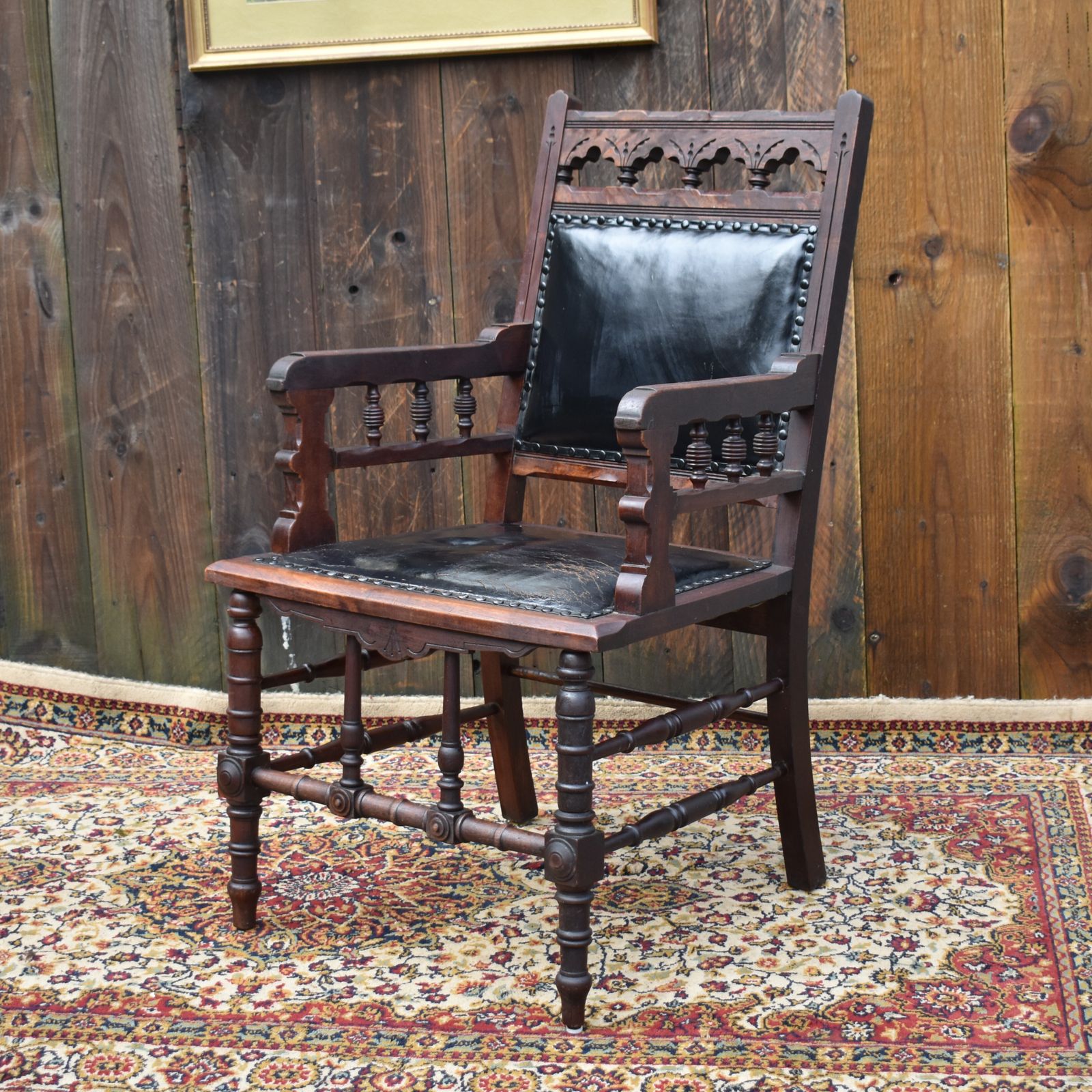 Antique 19th Century Gothic Revivel Leather Carved Oak Library Reading Armchair photo buy